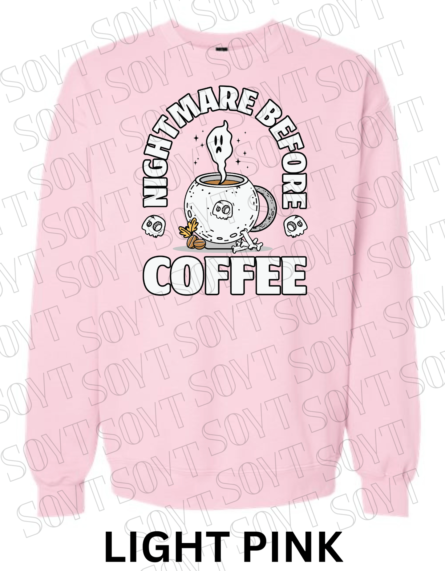 Nightmare Before Coffee Halloween Sweatshirt – Cauldron Mug with Ghost, Skulls & Bones Pullover - Festive Apparel StoreLight Pink