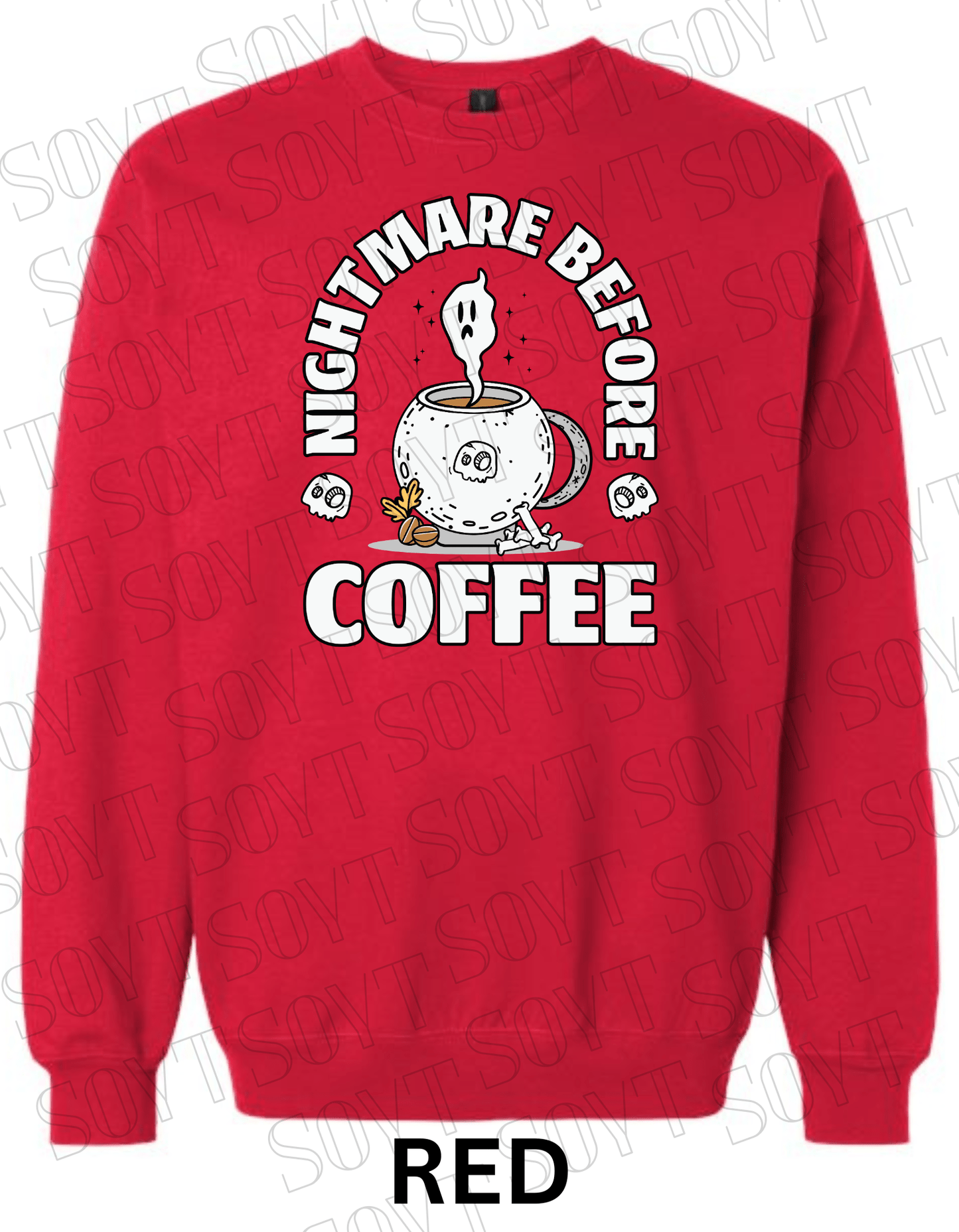 Nightmare Before Coffee Halloween Sweatshirt – Cauldron Mug with Ghost, Skulls & Bones Pullover - Festive Apparel StoreRed