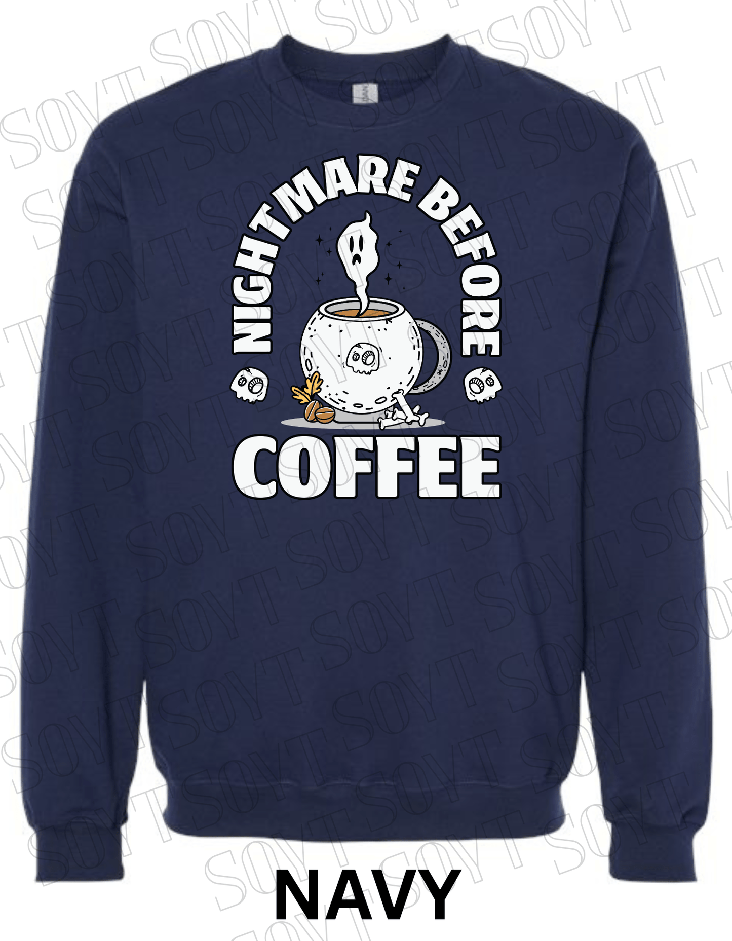 Nightmare Before Coffee Halloween Sweatshirt – Cauldron Mug with Ghost, Skulls & Bones Pullover - Festive Apparel StoreNavy Blue