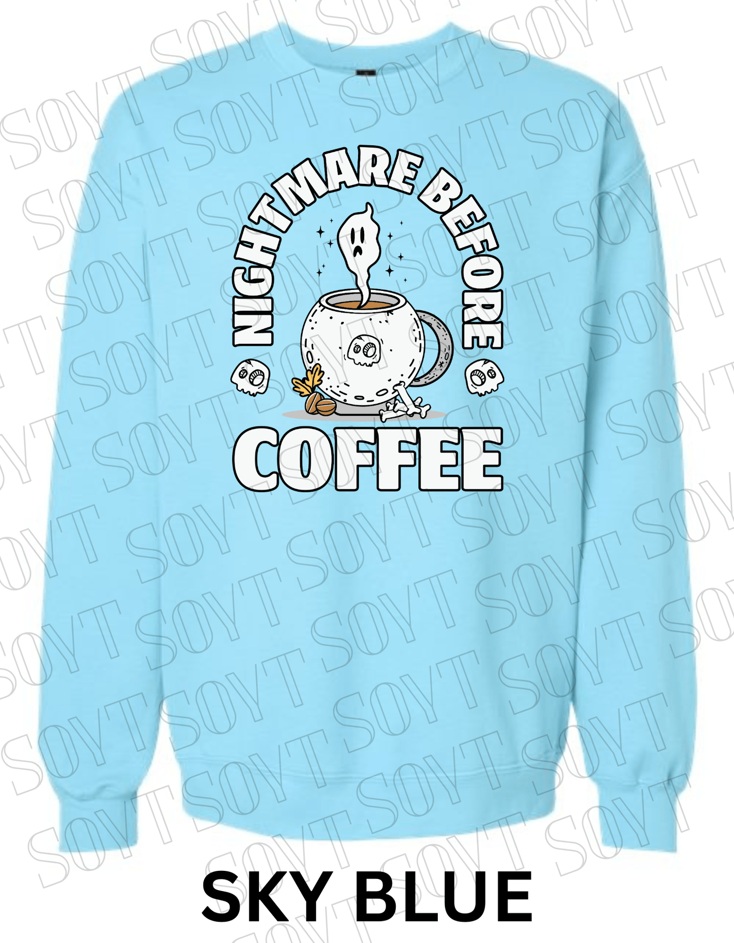 Nightmare Before Coffee Halloween Sweatshirt – Cauldron Mug with Ghost, Skulls & Bones Pullover - Festive Apparel StoreSky Blue