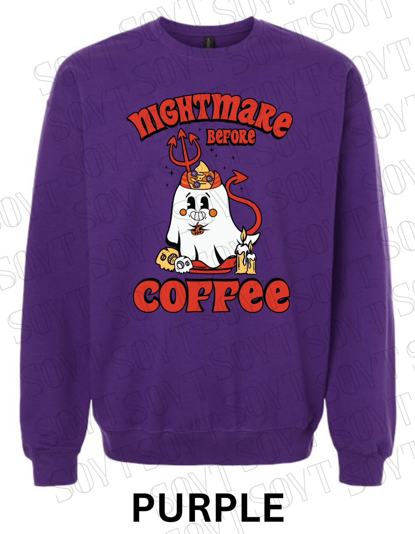 Nightmare Before Coffee Halloween Sweatshirt – Devil Ghost with Coffee Skulls & Retro Fall Candle Graphic Pullover - Festive Apparel StorePurple
