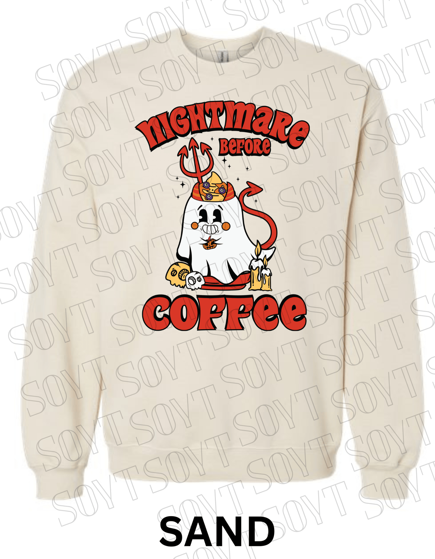 Nightmare Before Coffee Halloween Sweatshirt – Devil Ghost with Coffee Skulls & Retro Fall Candle Graphic Pullover - Festive Apparel StoreSand