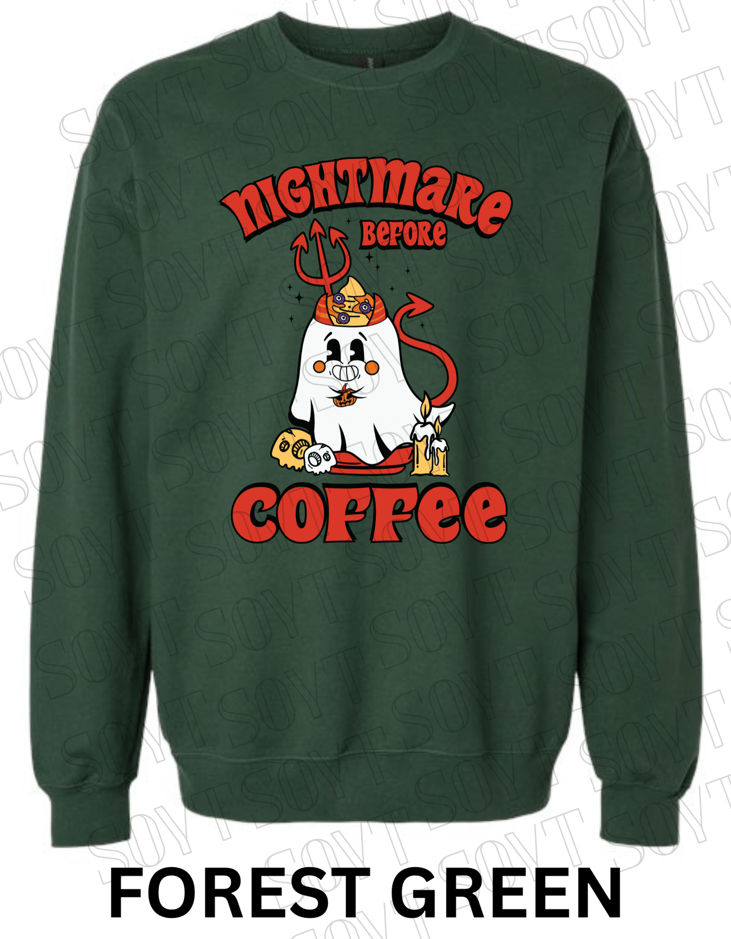 Nightmare Before Coffee Halloween Sweatshirt – Devil Ghost with Coffee Skulls & Retro Fall Candle Graphic Pullover - Festive Apparel StoreForest Green