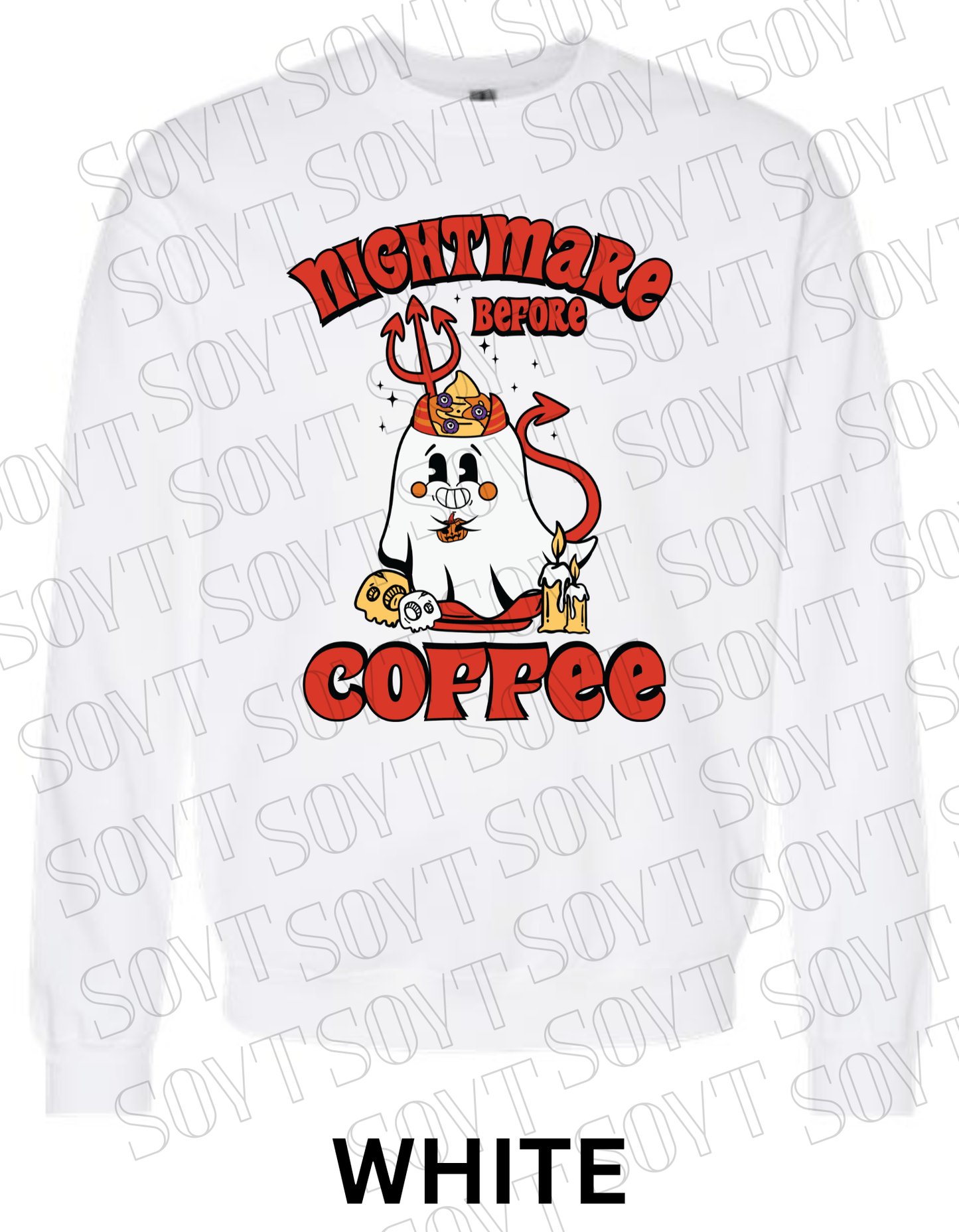 Nightmare Before Coffee Halloween Sweatshirt – Devil Ghost with Coffee Skulls & Retro Fall Candle Graphic Pullover - Festive Apparel StoreWhite