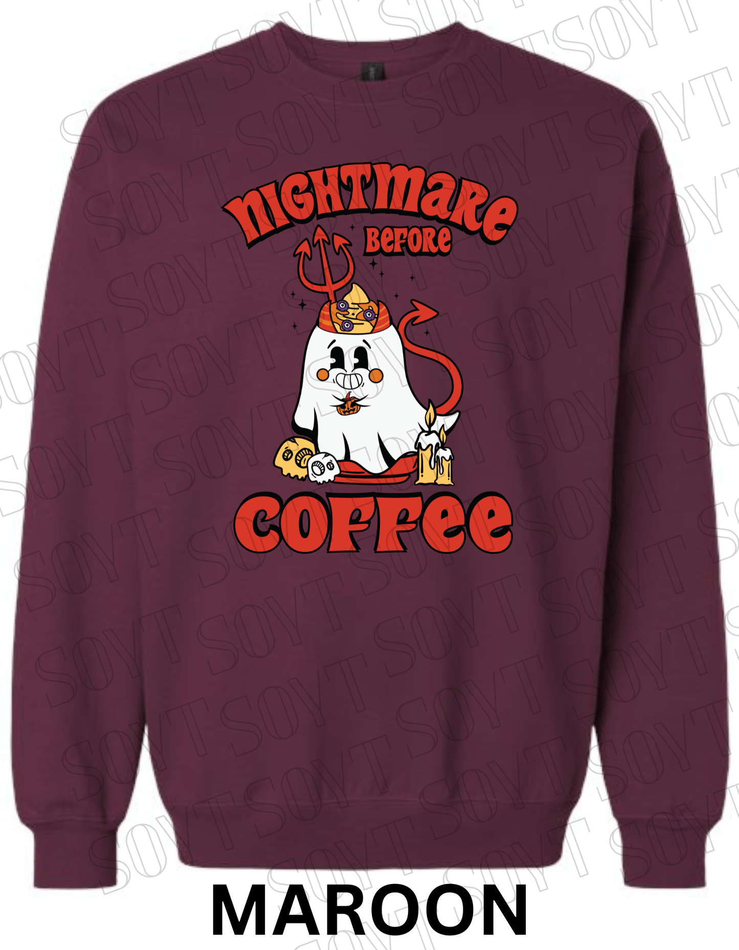 Nightmare Before Coffee Halloween Sweatshirt – Devil Ghost with Coffee Skulls & Retro Fall Candle Graphic Pullover - Festive Apparel StoreMaroon