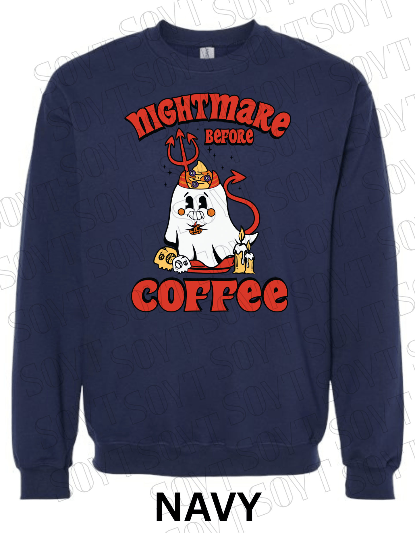 Nightmare Before Coffee Halloween Sweatshirt – Devil Ghost with Coffee Skulls & Retro Fall Candle Graphic Pullover - Festive Apparel StoreNavy Blue