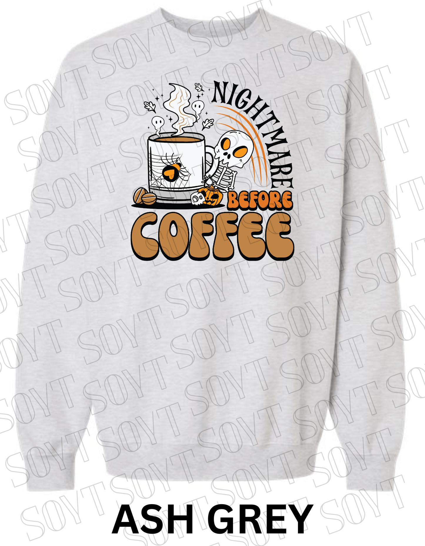 Nightmare Before Coffee Halloween Sweatshirt – Skeleton Mug with Ghost Steam & Spiderweb Heart Fleece Pullover - Festive Apparel StoreAsh Grey