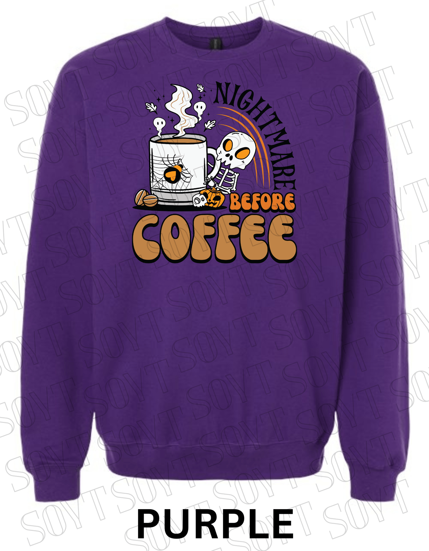 Nightmare Before Coffee Halloween Sweatshirt – Skeleton Mug with Ghost Steam & Spiderweb Heart Fleece Pullover - Festive Apparel StorePurple