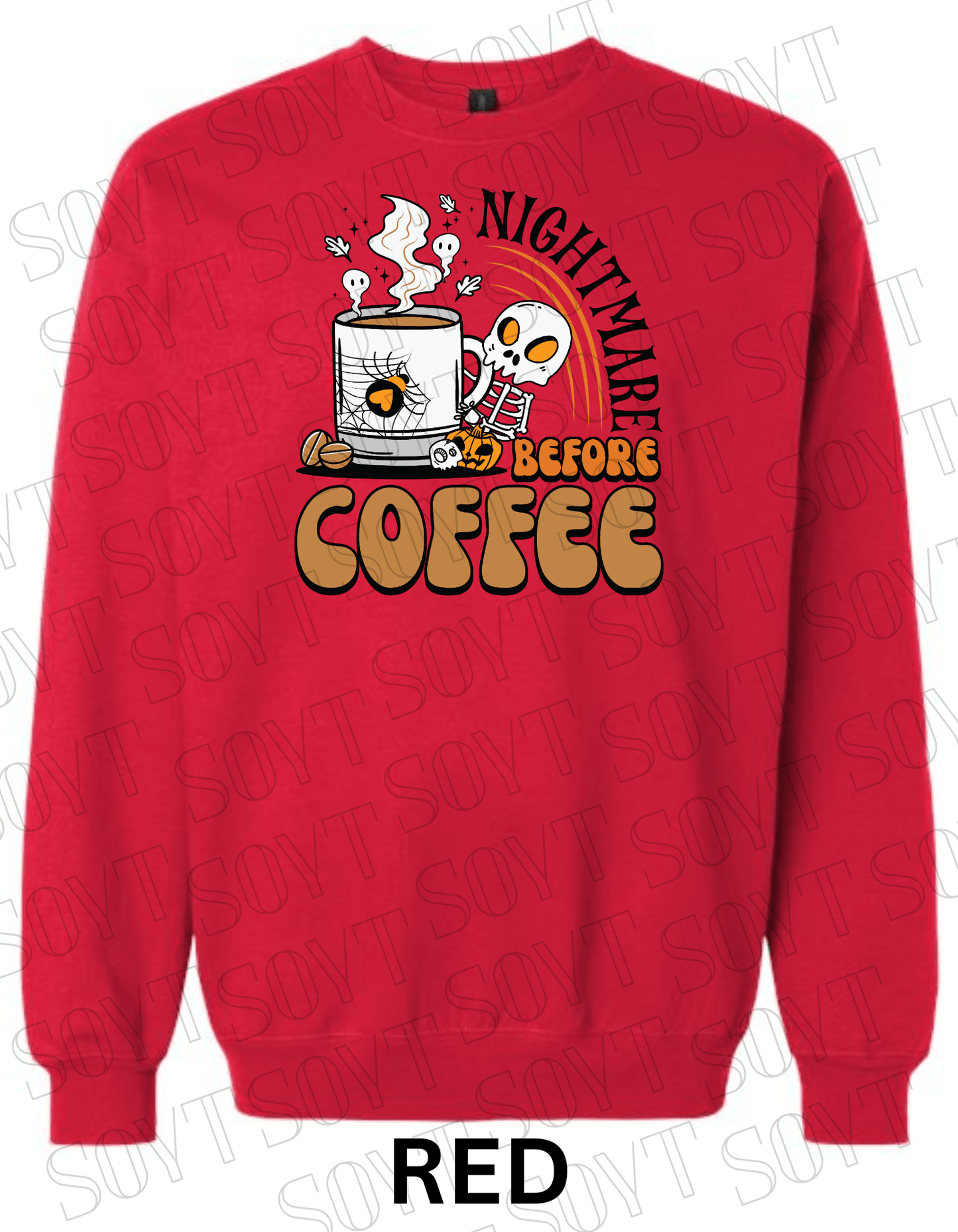 Nightmare Before Coffee Halloween Sweatshirt – Skeleton Mug with Ghost Steam & Spiderweb Heart Fleece Pullover - Festive Apparel StoreRed
