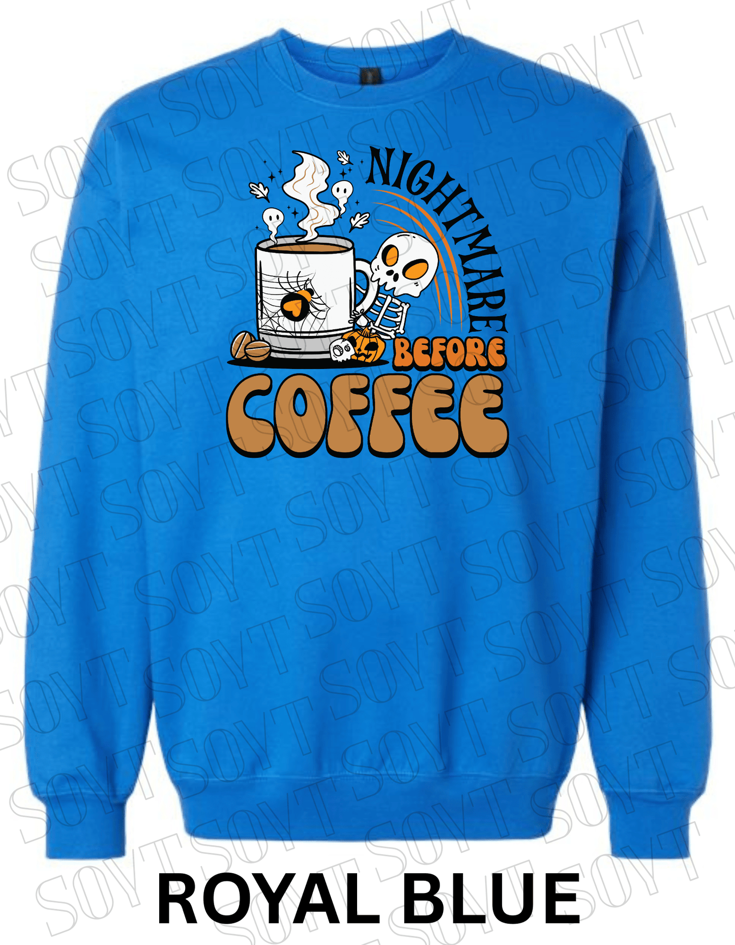 Nightmare Before Coffee Halloween Sweatshirt – Skeleton Mug with Ghost Steam & Spiderweb Heart Fleece Pullover - Festive Apparel StoreRoyal Blue