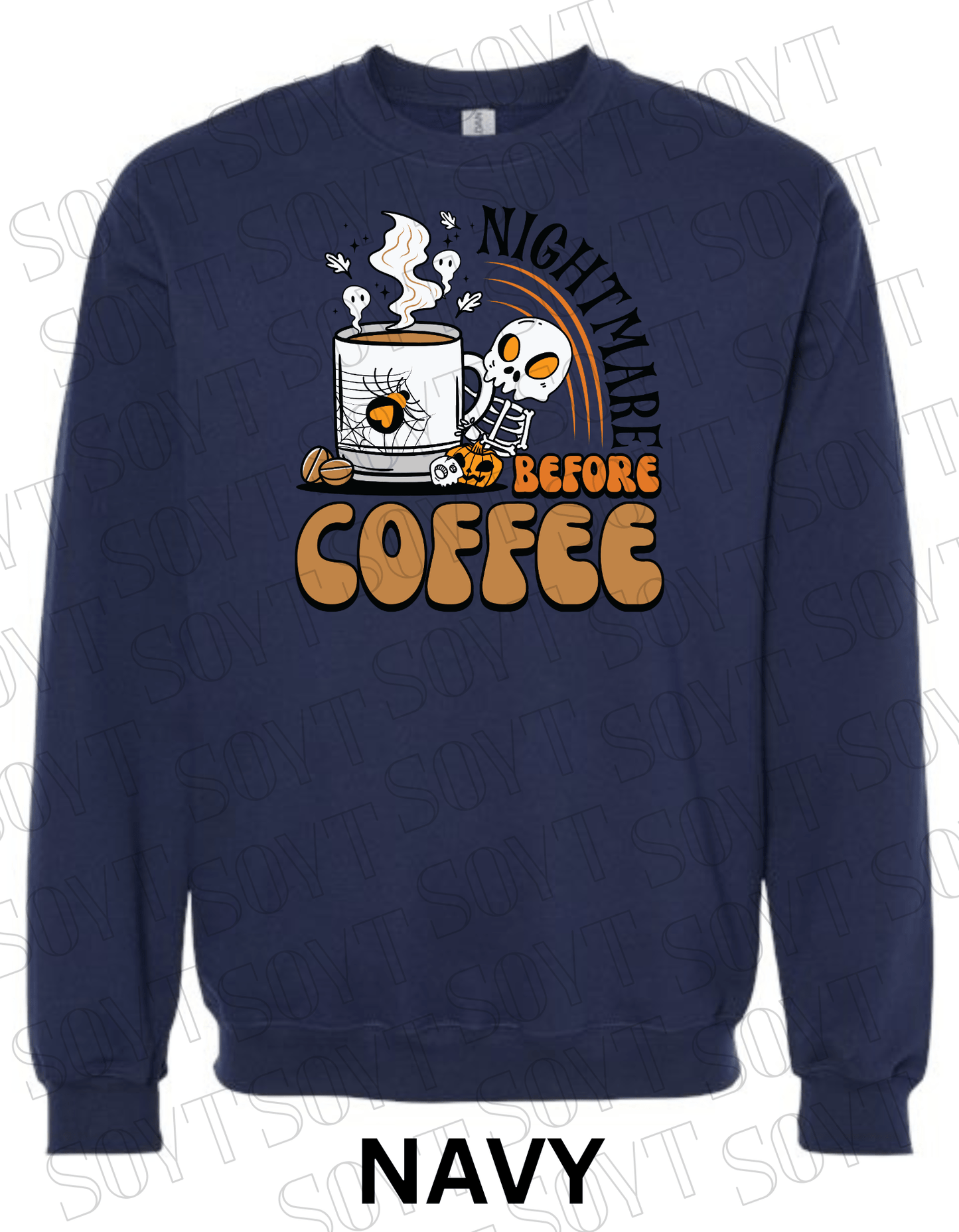 Nightmare Before Coffee Halloween Sweatshirt – Skeleton Mug with Ghost Steam & Spiderweb Heart Fleece Pullover - Festive Apparel StoreNavy Blue