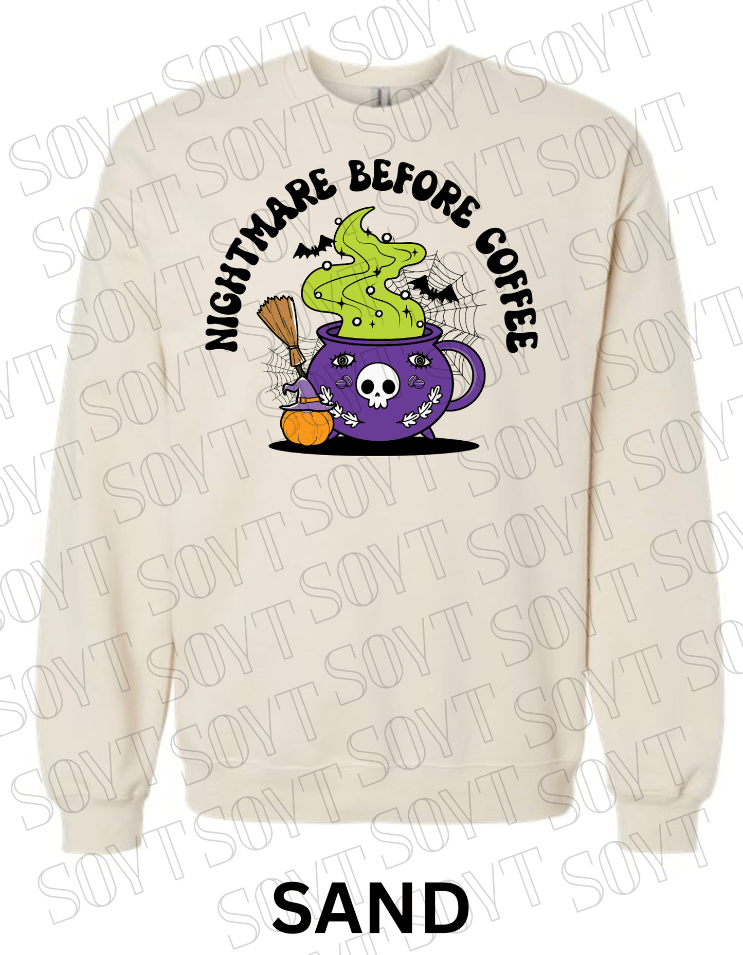 Nightmare Before Coffee Halloween Sweatshirt – Witch Cauldron Mug with Green Brew, Bats & Pumpkin Graphic Pullover - Festive Apparel StoreSand
