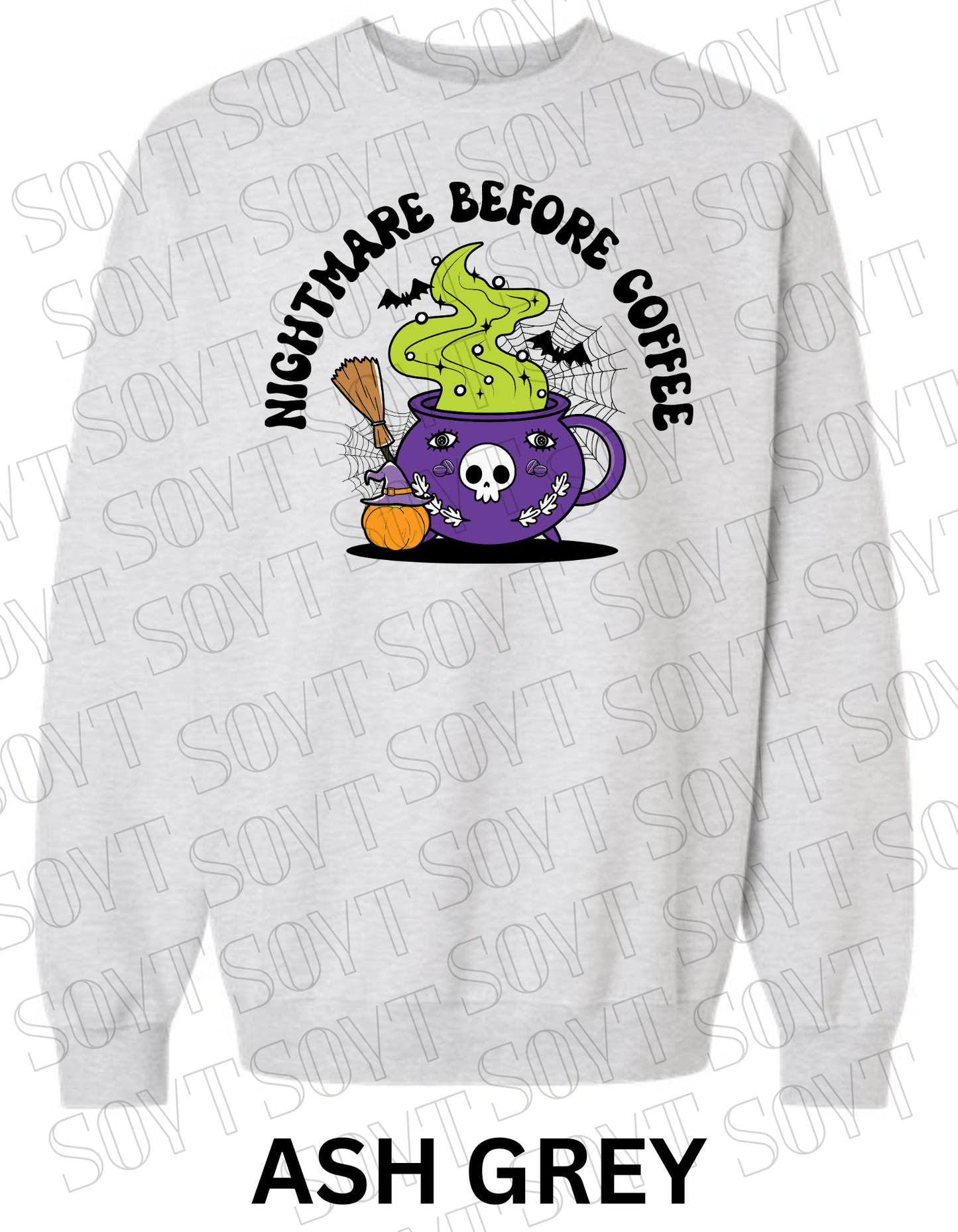 Nightmare Before Coffee Halloween Sweatshirt – Witch Cauldron Mug with Green Brew, Bats & Pumpkin Graphic Pullover - Festive Apparel StoreAsh Grey