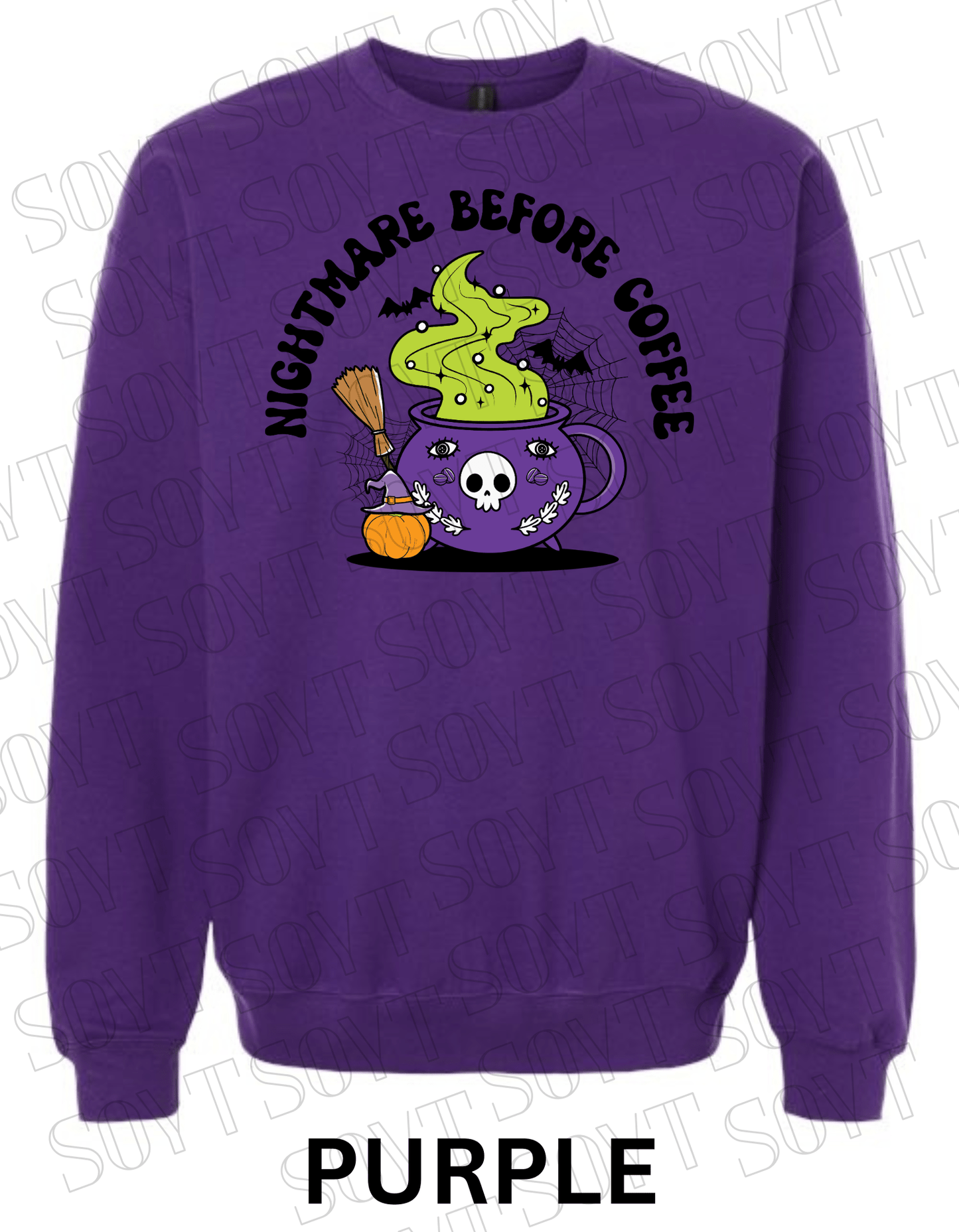 Nightmare Before Coffee Halloween Sweatshirt – Witch Cauldron Mug with Green Brew, Bats & Pumpkin Graphic Pullover - Festive Apparel StorePurple