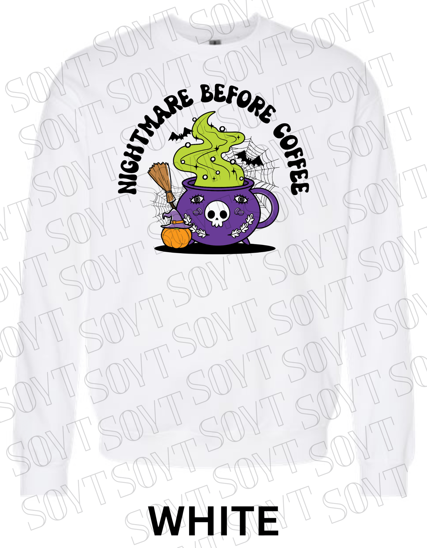 Nightmare Before Coffee Halloween Sweatshirt – Witch Cauldron Mug with Green Brew, Bats & Pumpkin Graphic Pullover - Festive Apparel StoreWhite