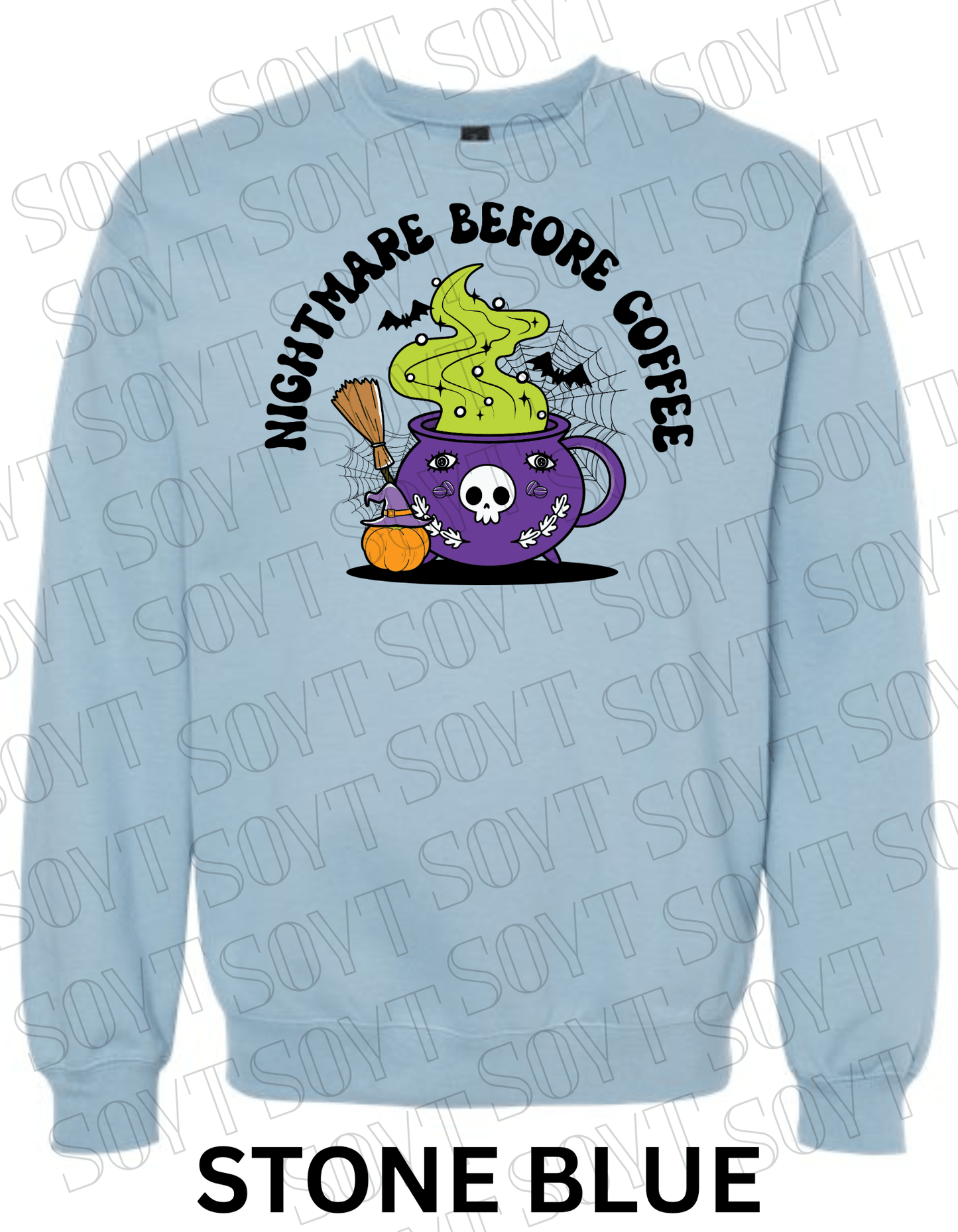 Nightmare Before Coffee Halloween Sweatshirt – Witch Cauldron Mug with Green Brew, Bats & Pumpkin Graphic Pullover - Festive Apparel StoreStone Blue