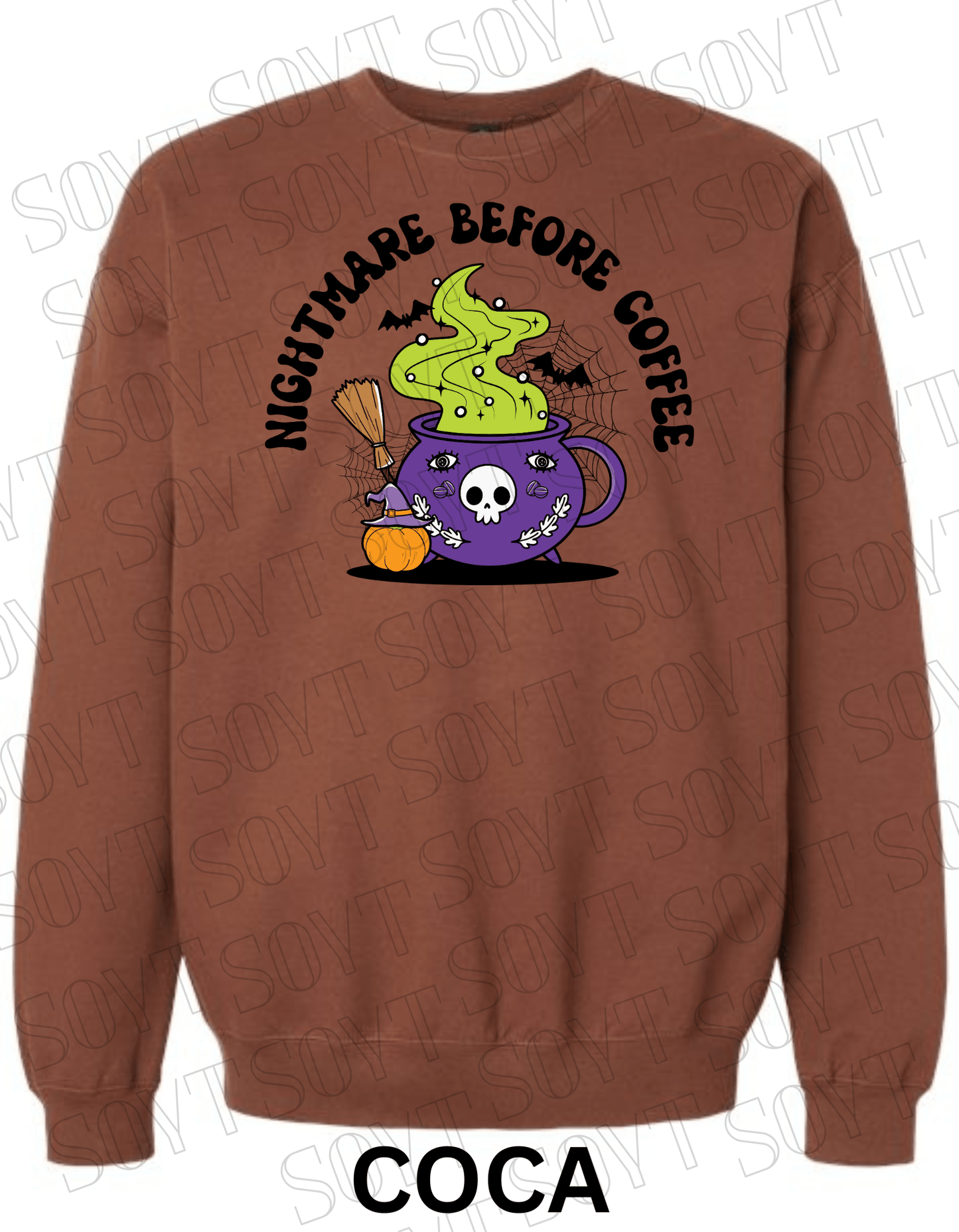 Nightmare Before Coffee Halloween Sweatshirt – Witch Cauldron Mug with Green Brew, Bats & Pumpkin Graphic Pullover - Festive Apparel StoreCocoa Brown