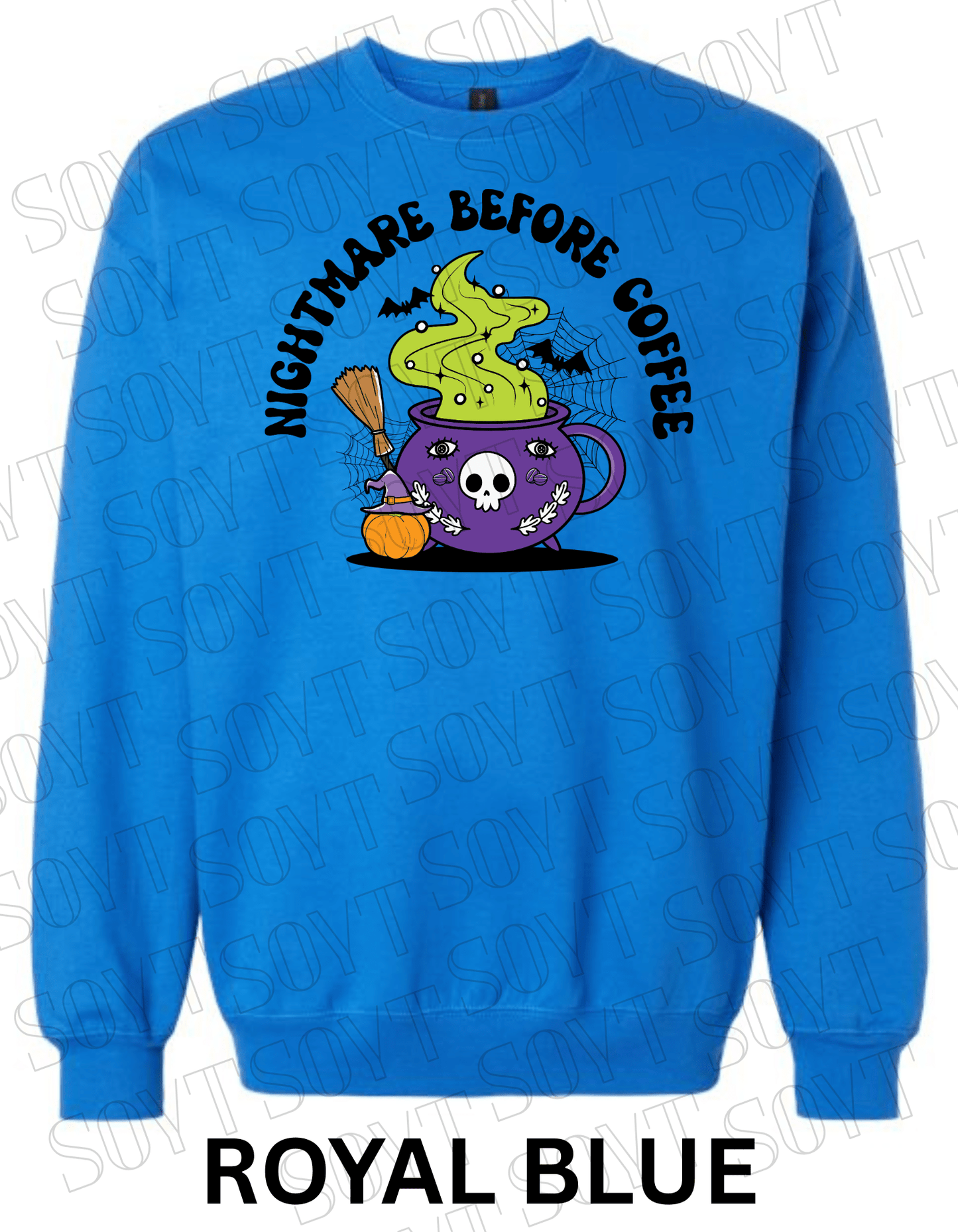 Nightmare Before Coffee Halloween Sweatshirt – Witch Cauldron Mug with Green Brew, Bats & Pumpkin Graphic Pullover - Festive Apparel StoreRoyal Blue