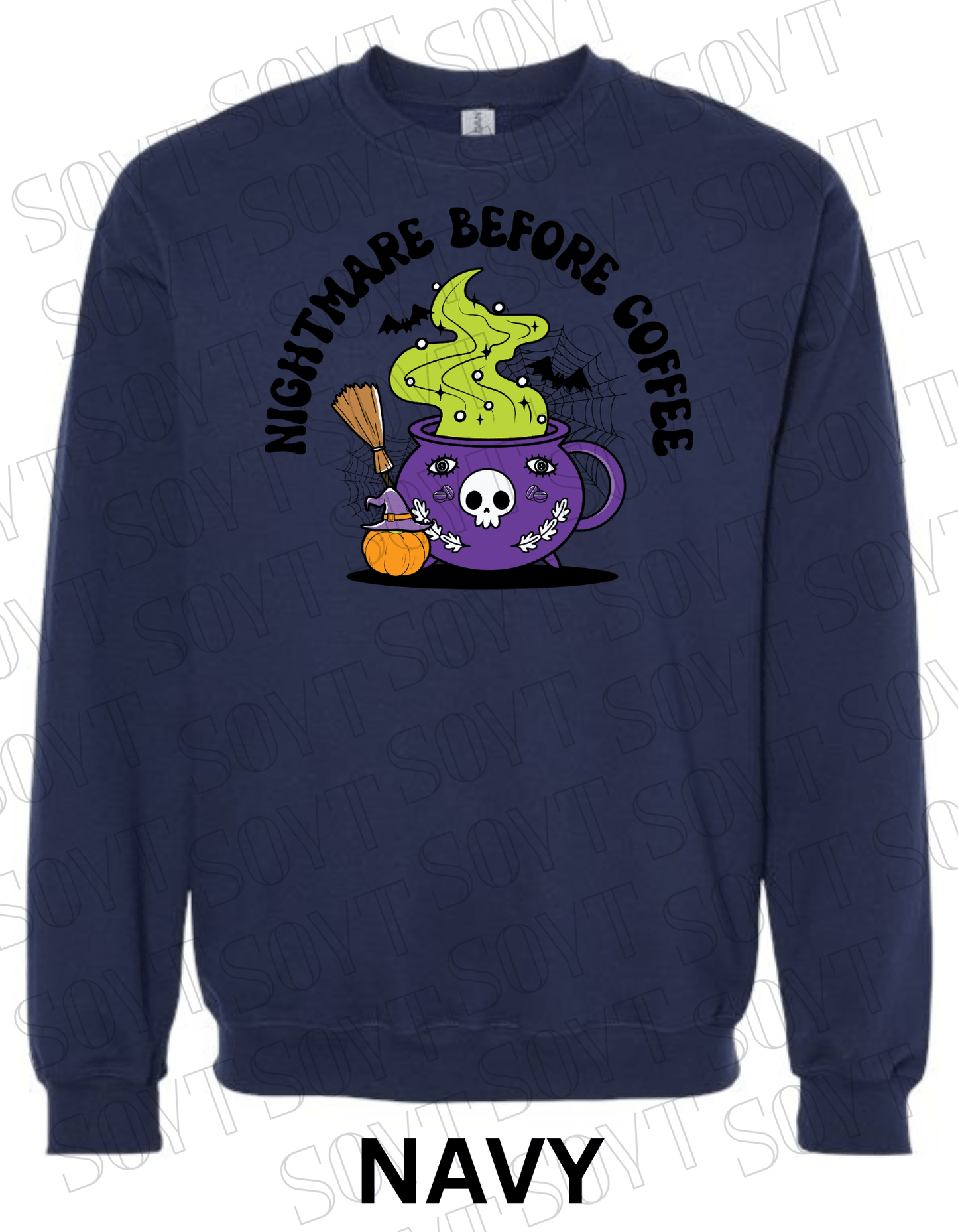 Nightmare Before Coffee Halloween Sweatshirt – Witch Cauldron Mug with Green Brew, Bats & Pumpkin Graphic Pullover - Festive Apparel StoreNavy Blue