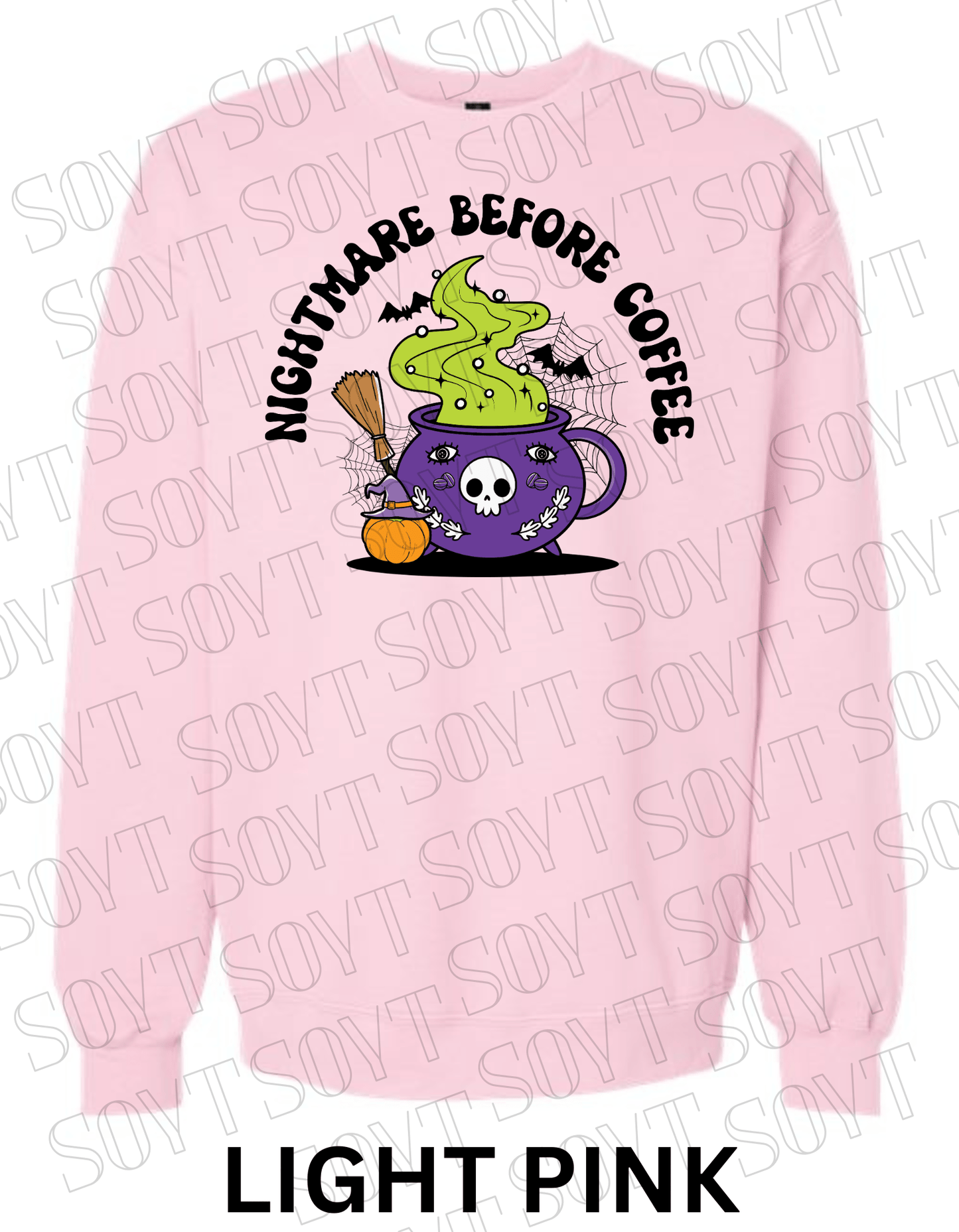 Nightmare Before Coffee Halloween Sweatshirt – Witch Cauldron Mug with Green Brew, Bats & Pumpkin Graphic Pullover - Festive Apparel StoreLight Pink