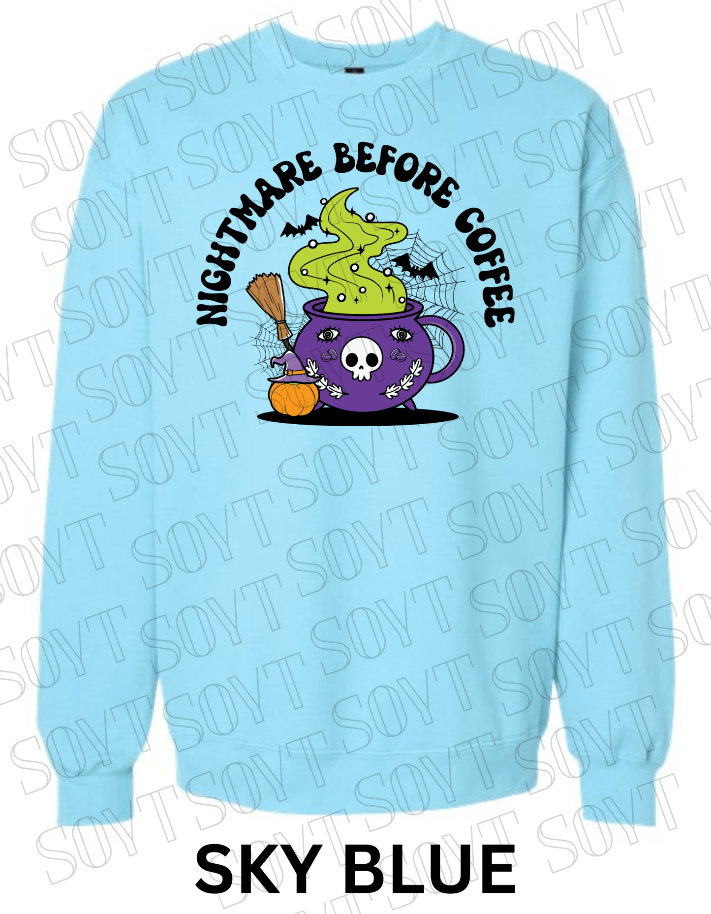 Nightmare Before Coffee Halloween Sweatshirt – Witch Cauldron Mug with Green Brew, Bats & Pumpkin Graphic Pullover - Festive Apparel StoreSky Blue