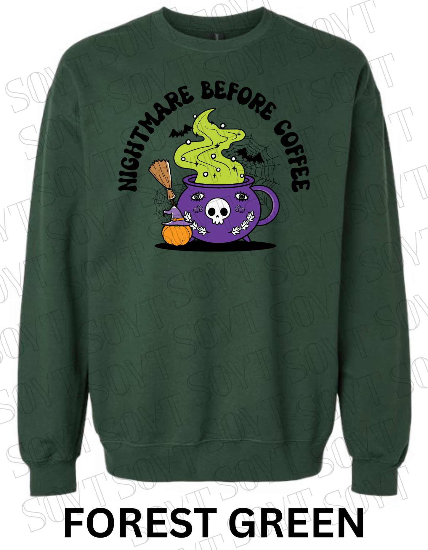 Nightmare Before Coffee Halloween Sweatshirt – Witch Cauldron Mug with Green Brew, Bats & Pumpkin Graphic Pullover - Festive Apparel StoreForest Green