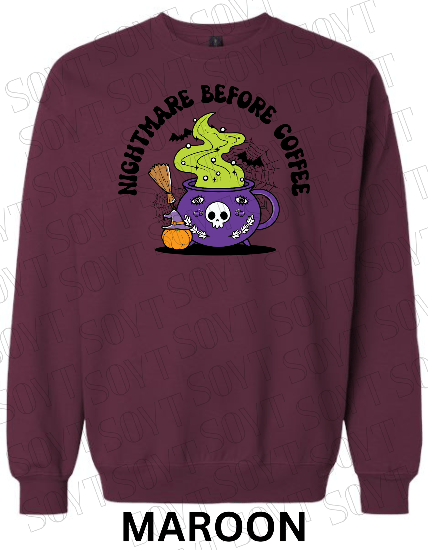 Nightmare Before Coffee Halloween Sweatshirt – Witch Cauldron Mug with Green Brew, Bats & Pumpkin Graphic Pullover - Festive Apparel StoreMaroon