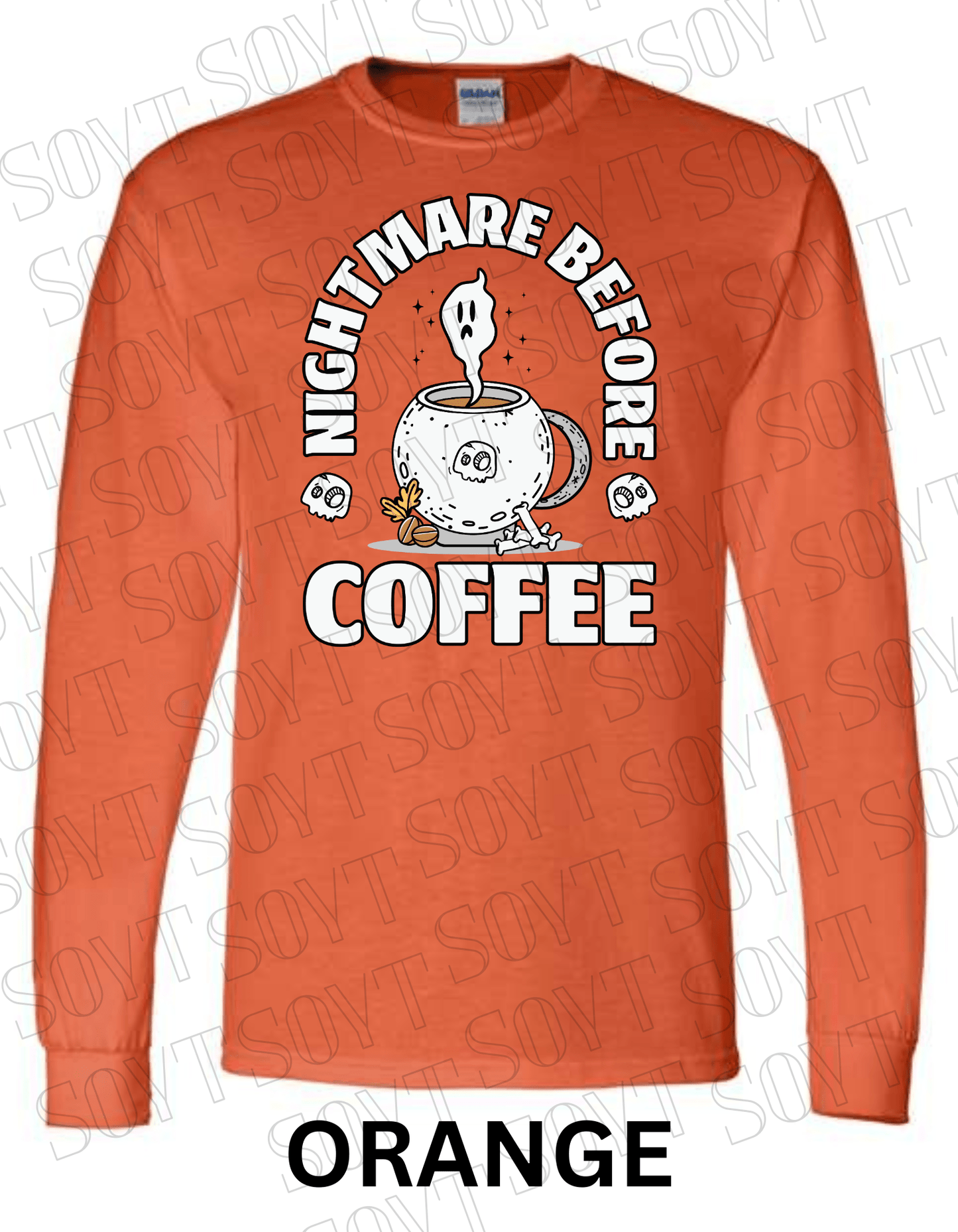 Nightmare Before Coffee Long Sleeve – Ghost Cauldron Mug Halloween Shirt with Skulls and Bones - Festive Apparel StoreOrange