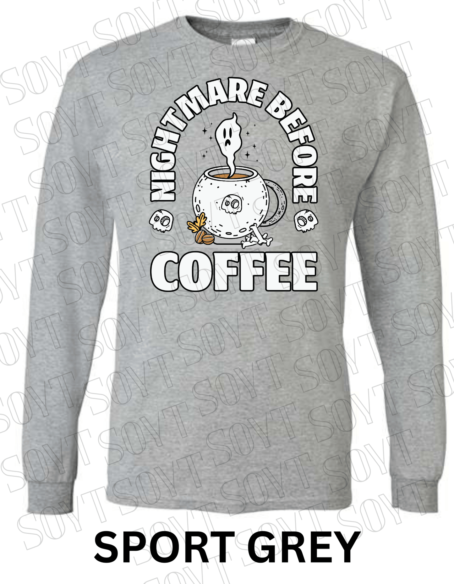 Nightmare Before Coffee Long Sleeve – Ghost Cauldron Mug Halloween Shirt with Skulls and Bones - Festive Apparel StoreSport Grey