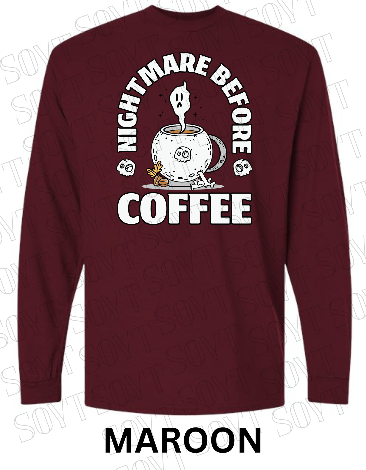 Nightmare Before Coffee Long Sleeve – Ghost Cauldron Mug Halloween Shirt with Skulls and Bones - Festive Apparel StoreMaroon