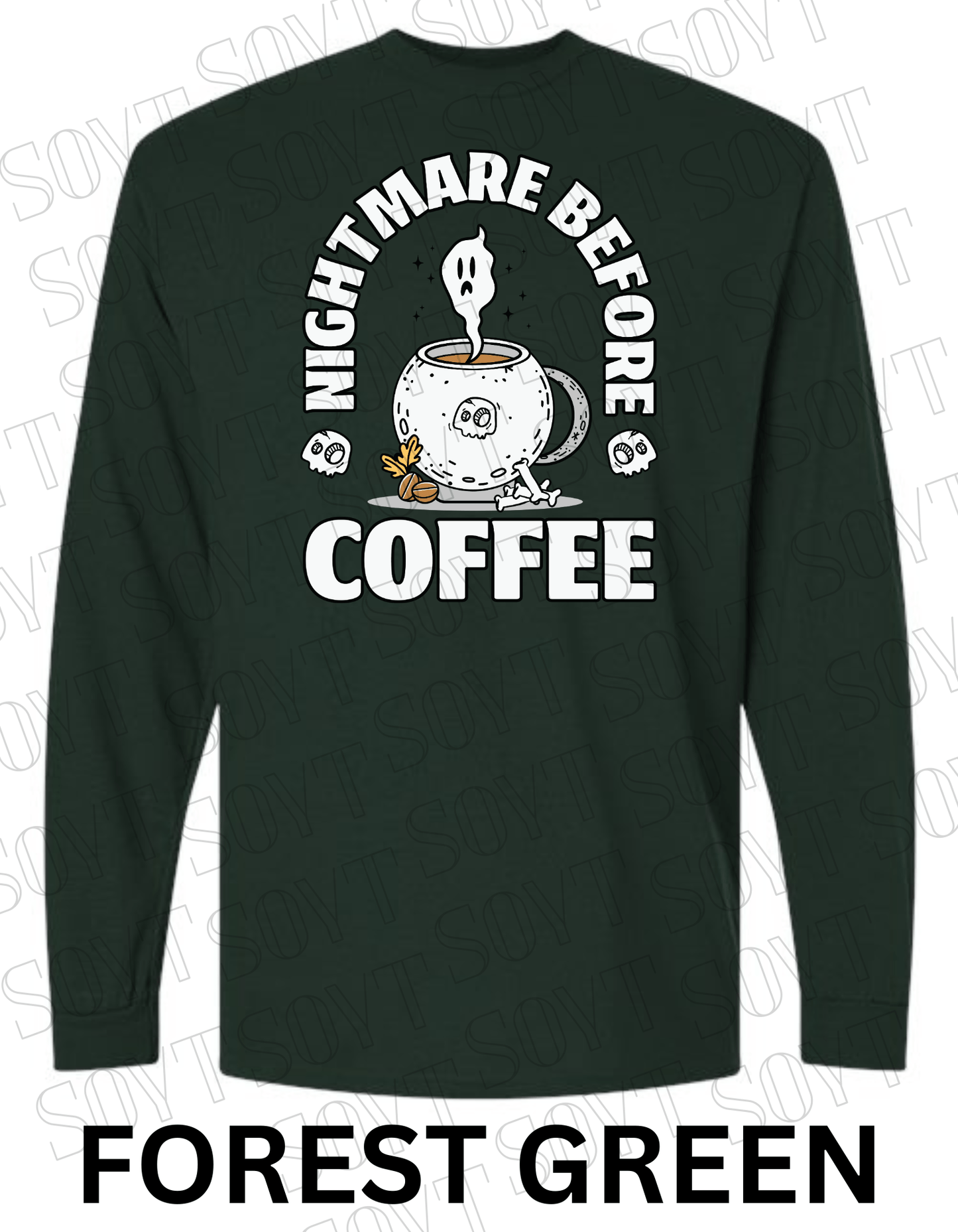 Nightmare Before Coffee Long Sleeve – Ghost Cauldron Mug Halloween Shirt with Skulls and Bones - Festive Apparel StoreForest Green