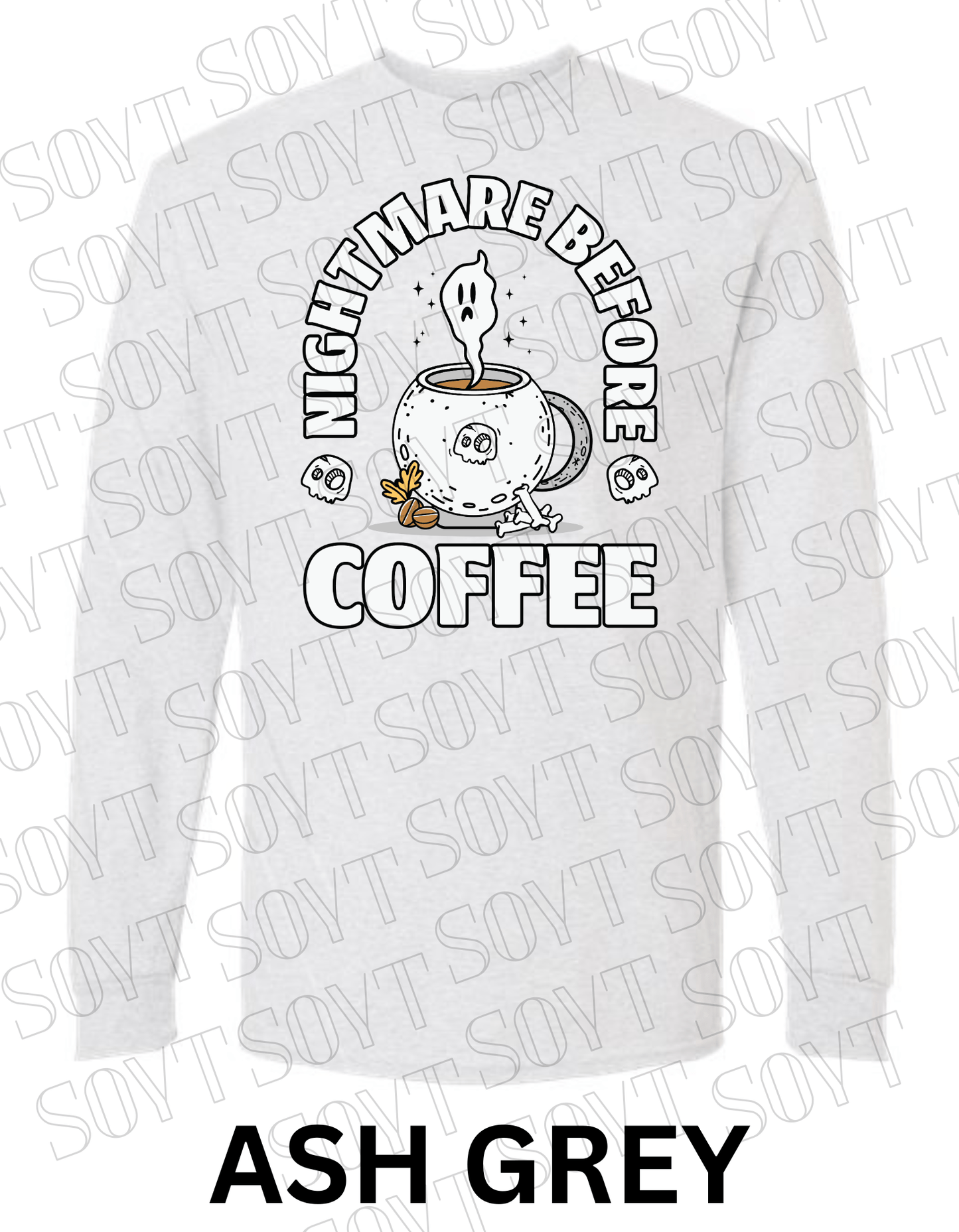 Nightmare Before Coffee Long Sleeve – Ghost Cauldron Mug Halloween Shirt with Skulls and Bones - Festive Apparel StoreAsh Gray