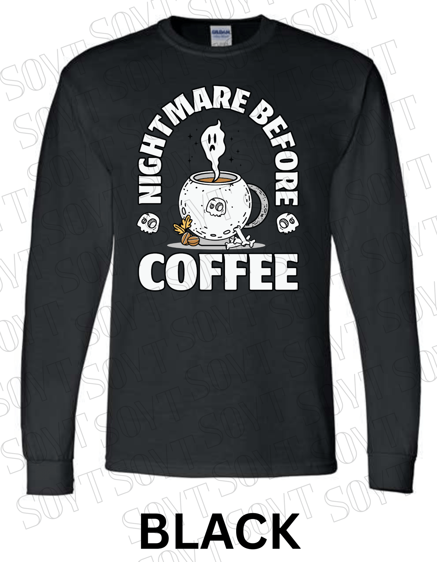 Nightmare Before Coffee Long Sleeve – Ghost Cauldron Mug Halloween Shirt with Skulls and Bones - Festive Apparel StoreBlack