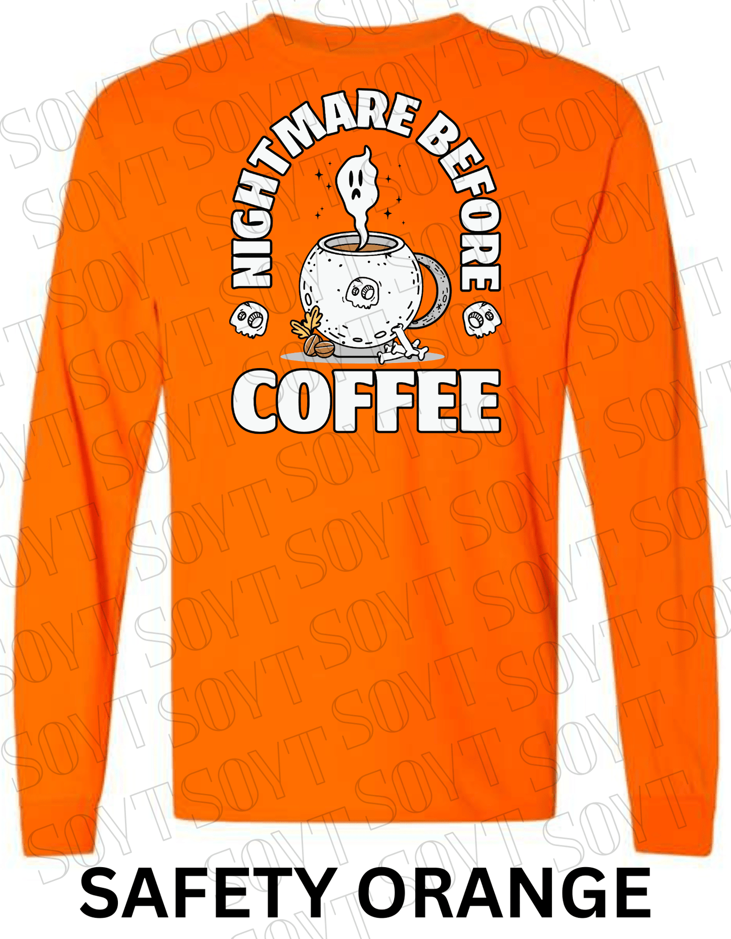 Nightmare Before Coffee Long Sleeve – Ghost Cauldron Mug Halloween Shirt with Skulls and Bones - Festive Apparel StoreSafety Orange