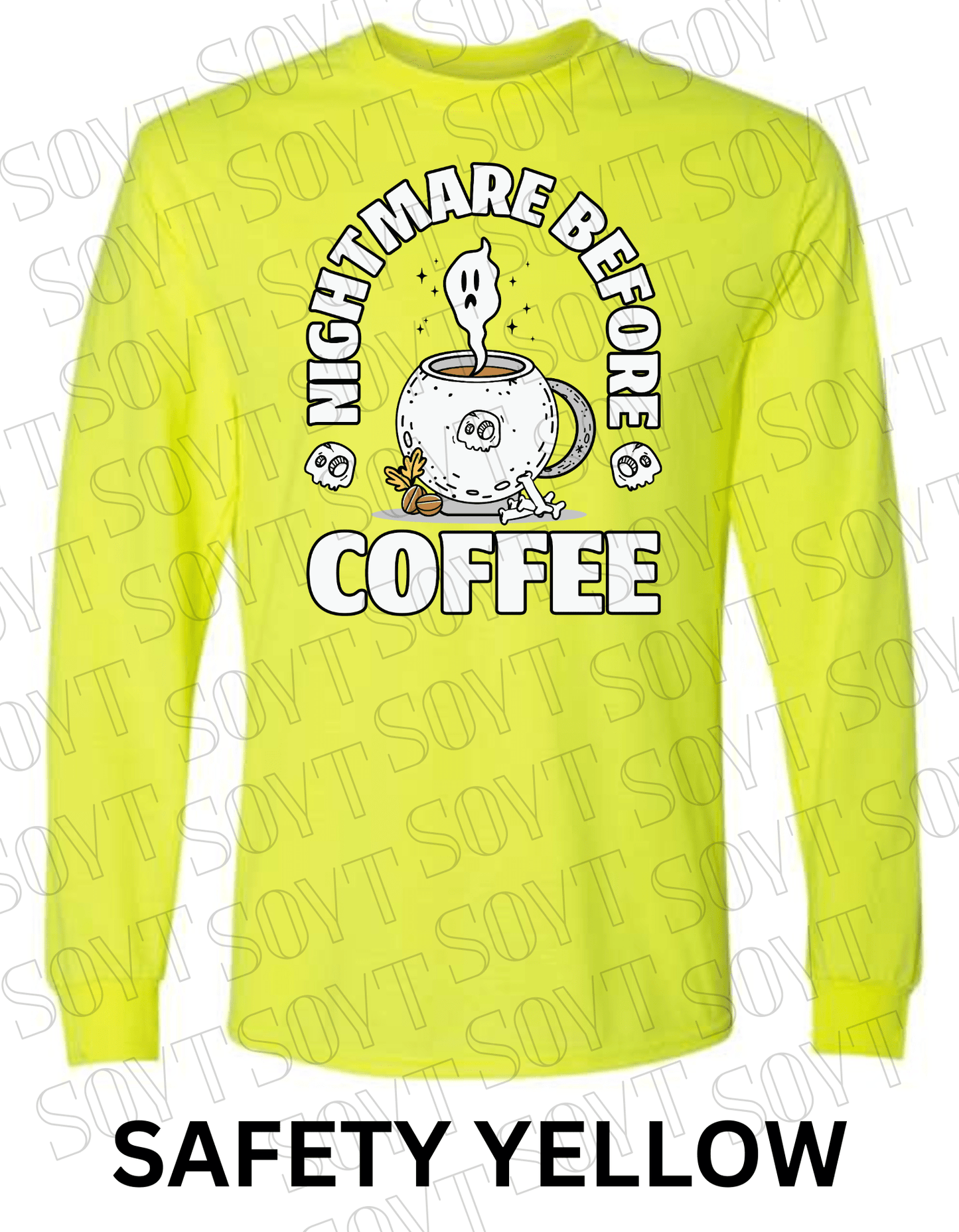Nightmare Before Coffee Long Sleeve – Ghost Cauldron Mug Halloween Shirt with Skulls and Bones - Festive Apparel StoreSafety Yellow