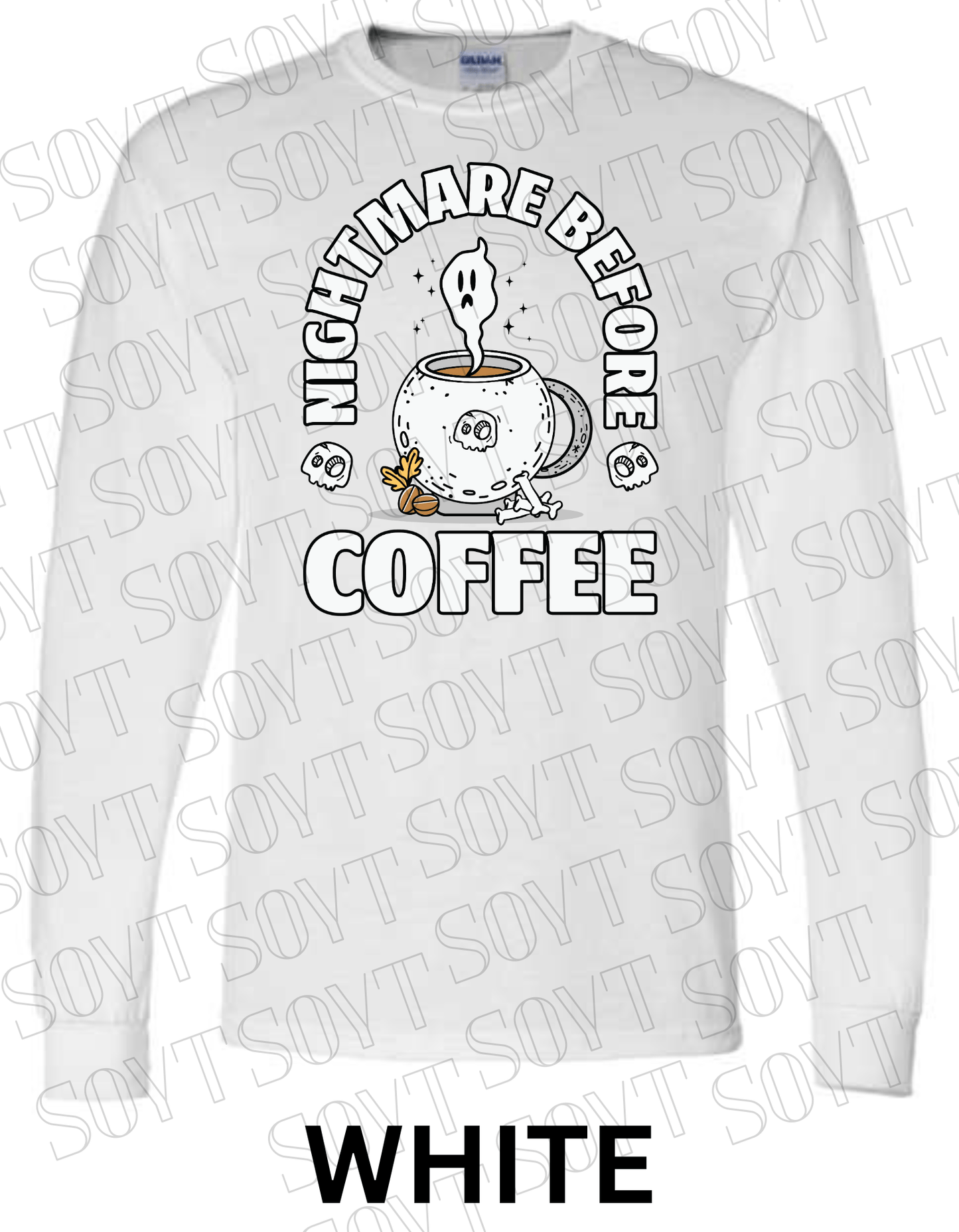 Nightmare Before Coffee Long Sleeve – Ghost Cauldron Mug Halloween Shirt with Skulls and Bones - Festive Apparel StoreWhite