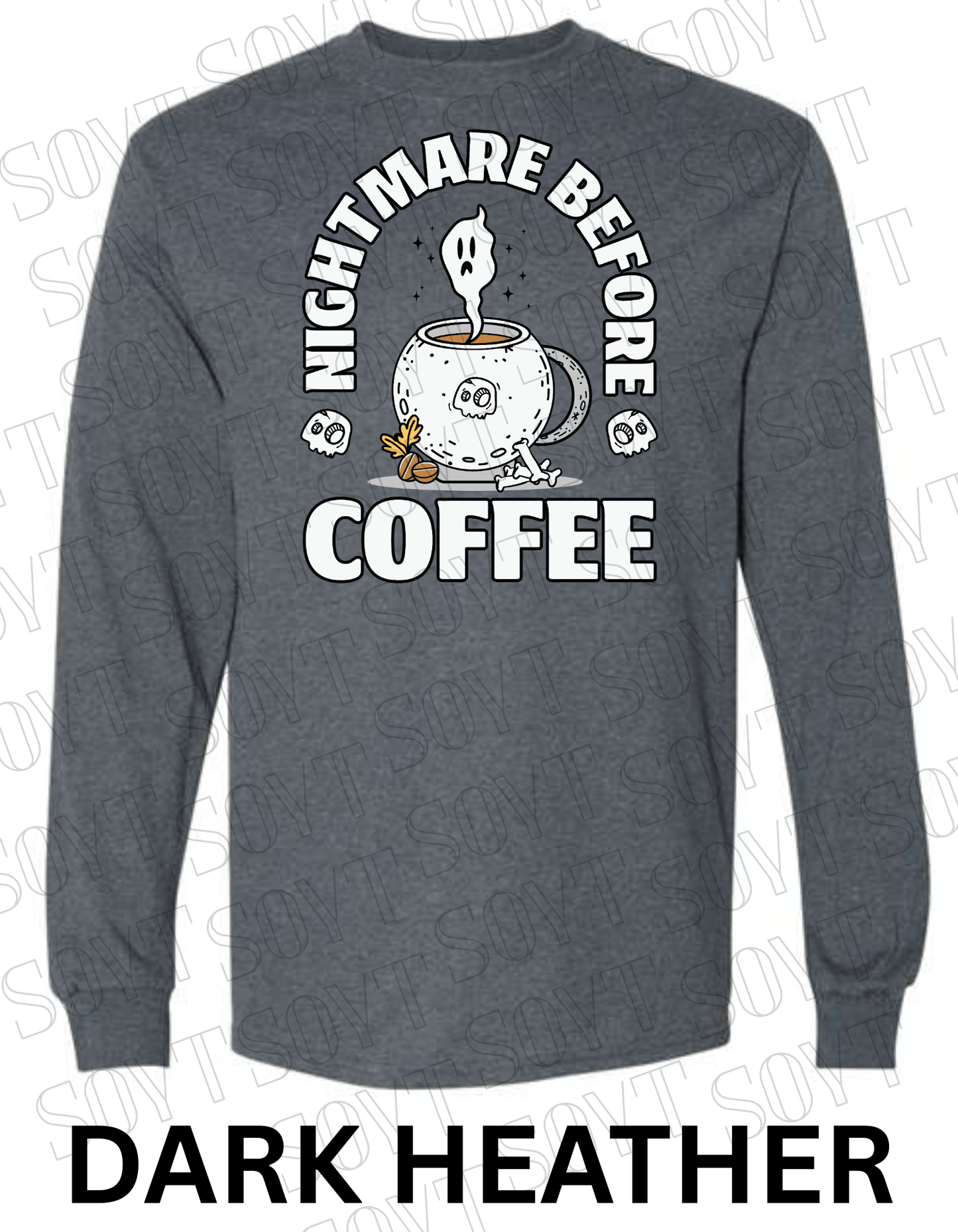 Nightmare Before Coffee Long Sleeve – Ghost Cauldron Mug Halloween Shirt with Skulls and Bones - Festive Apparel StoreDark Heather