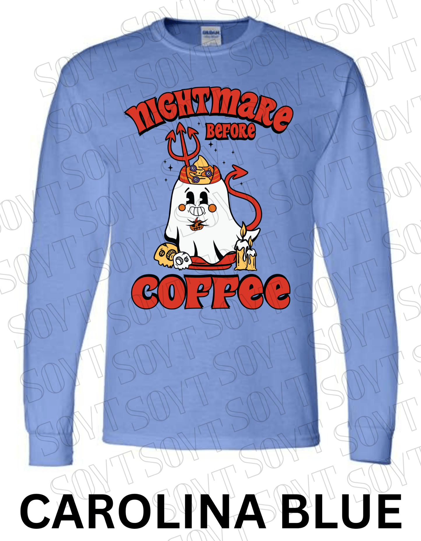 Nightmare Before Coffee Long Sleeve – Halloween Devil Ghost with Skulls, Candles & Bold Coffee Graphic Shirt - Festive Apparel StoreCarolina Blue