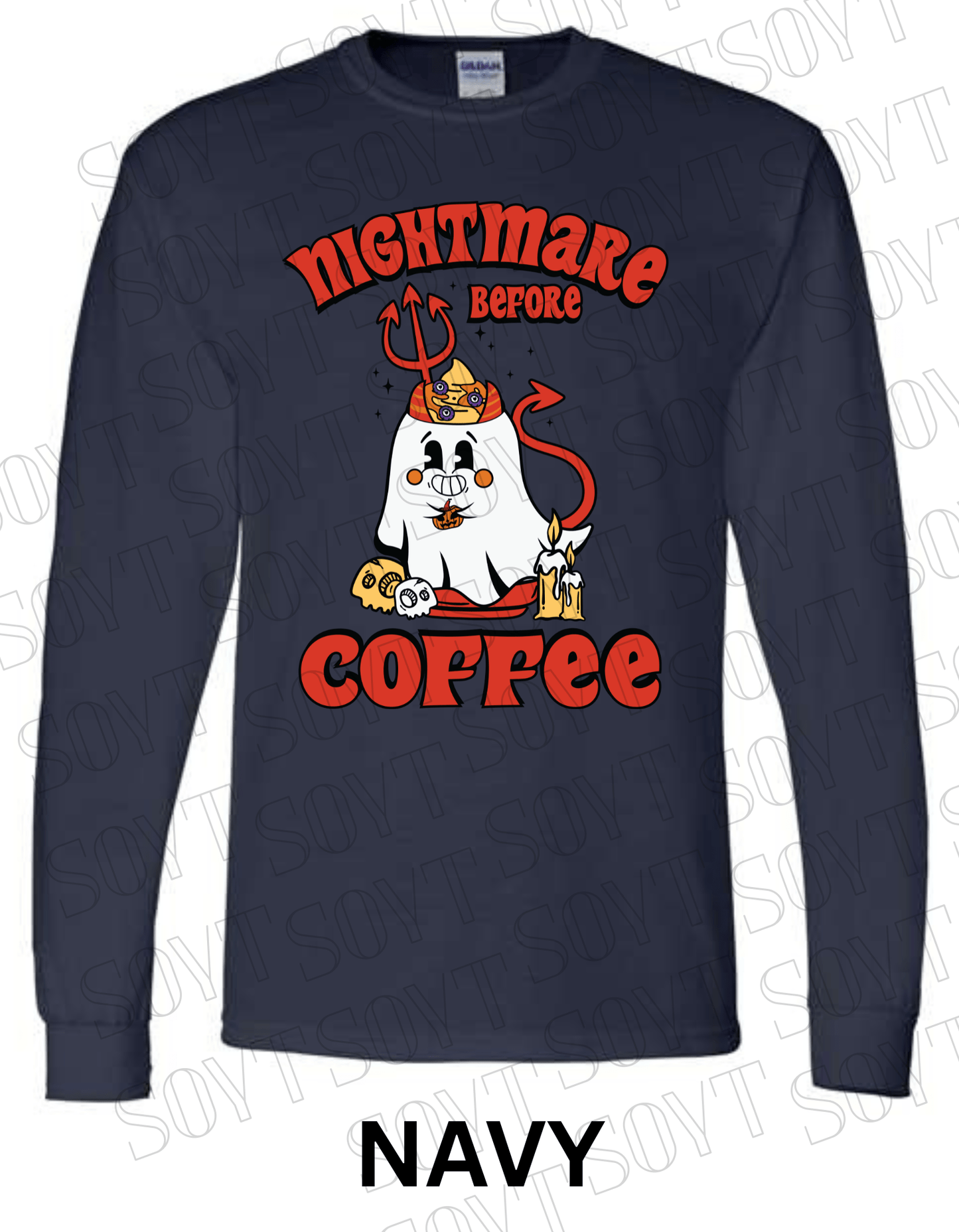 Nightmare Before Coffee Long Sleeve – Halloween Devil Ghost with Skulls, Candles & Bold Coffee Graphic Shirt - Festive Apparel StoreNavy Blue