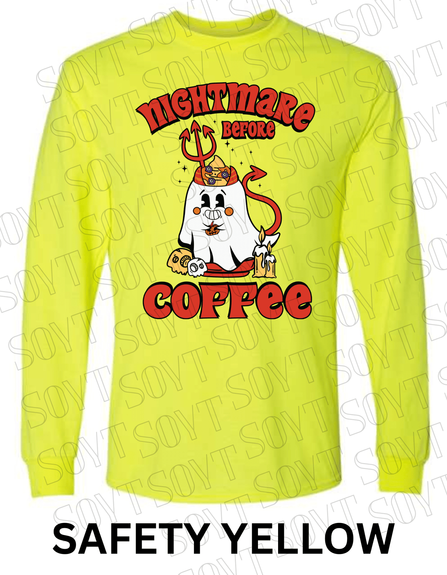 Nightmare Before Coffee Long Sleeve – Halloween Devil Ghost with Skulls, Candles & Bold Coffee Graphic Shirt - Festive Apparel StoreSafety Yellow