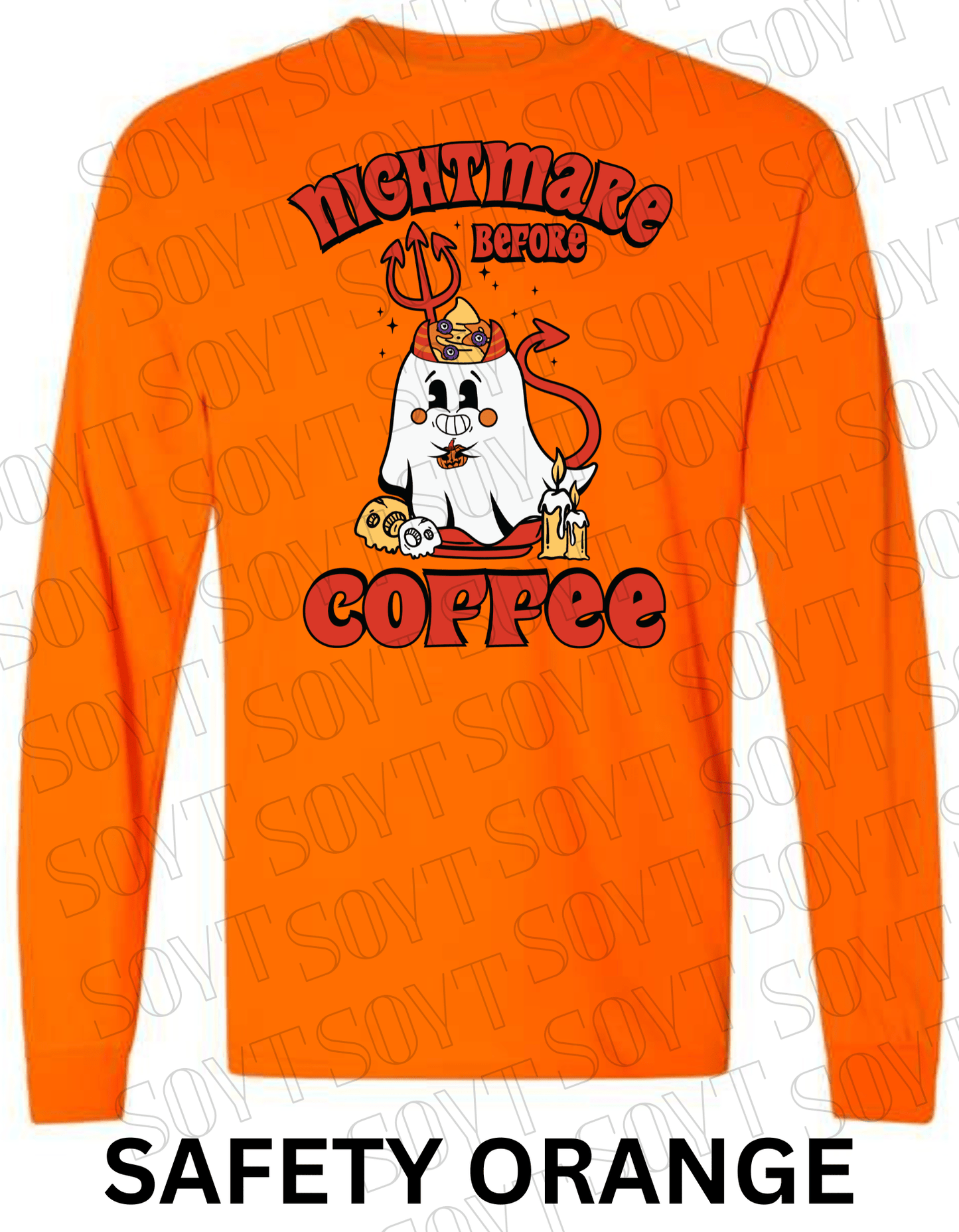 Nightmare Before Coffee Long Sleeve – Halloween Devil Ghost with Skulls, Candles & Bold Coffee Graphic Shirt - Festive Apparel StoreSafety Orange