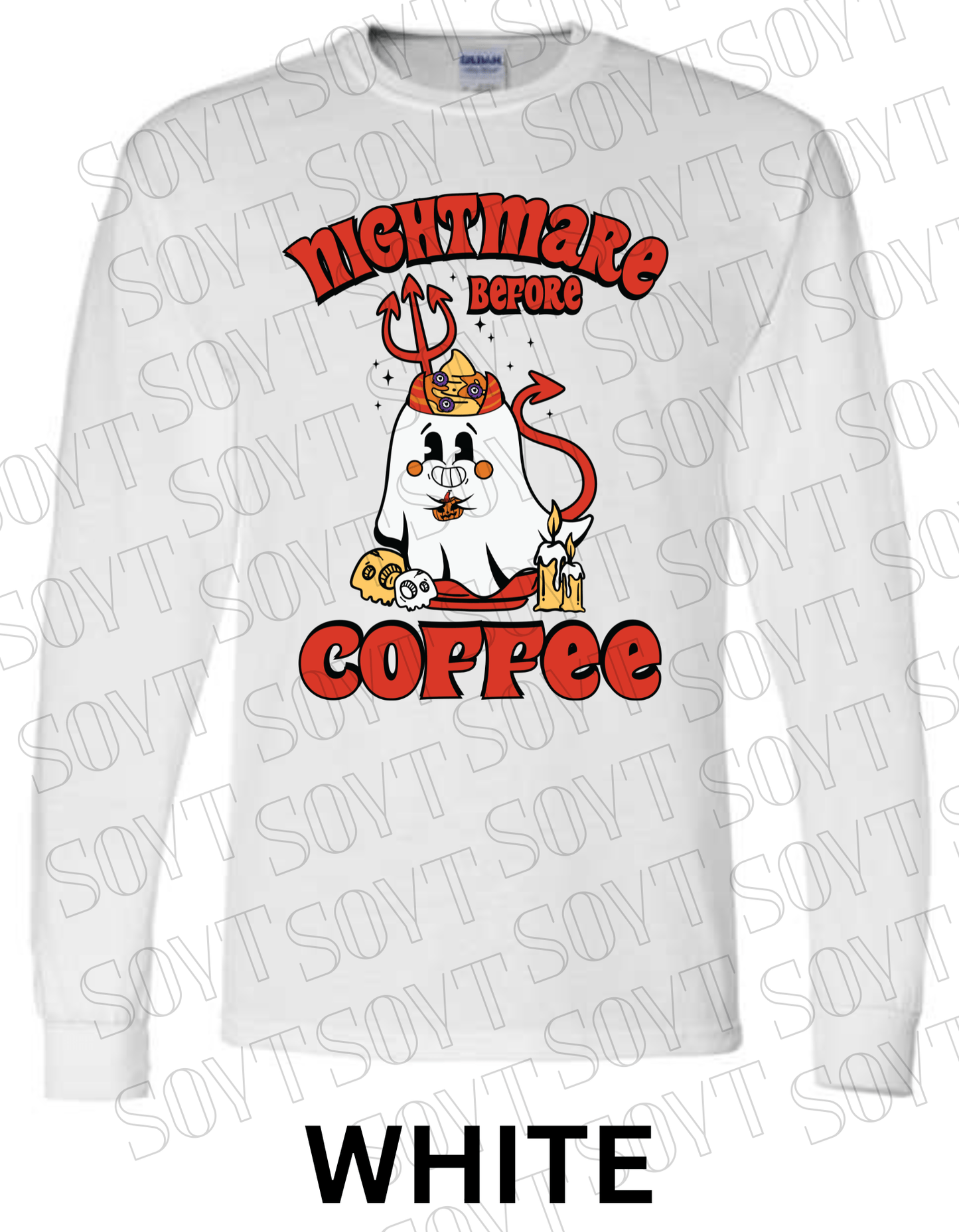 Nightmare Before Coffee Long Sleeve – Halloween Devil Ghost with Skulls, Candles & Bold Coffee Graphic Shirt - Festive Apparel StoreWhite