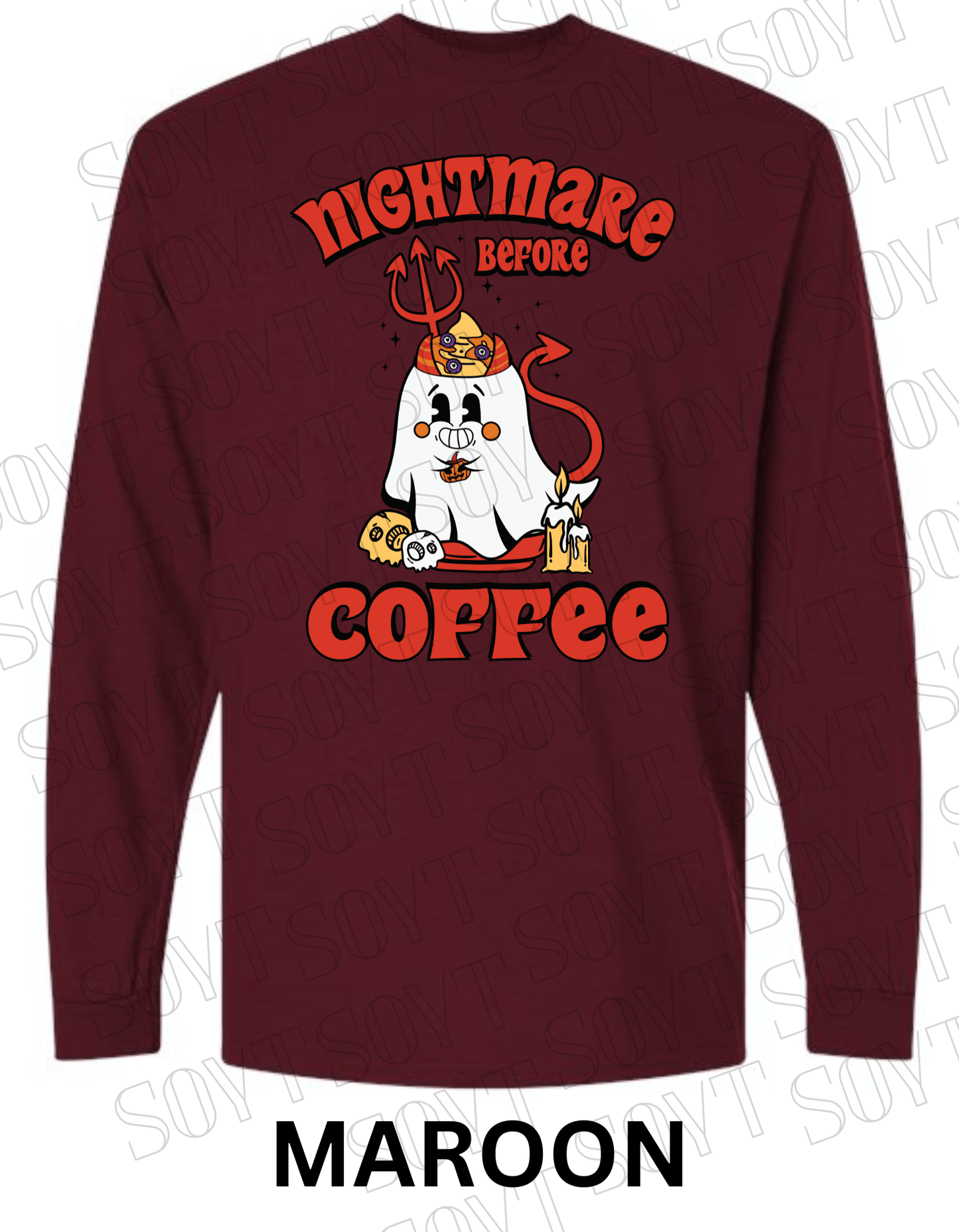 Nightmare Before Coffee Long Sleeve – Halloween Devil Ghost with Skulls, Candles & Bold Coffee Graphic Shirt - Festive Apparel StoreMaroon