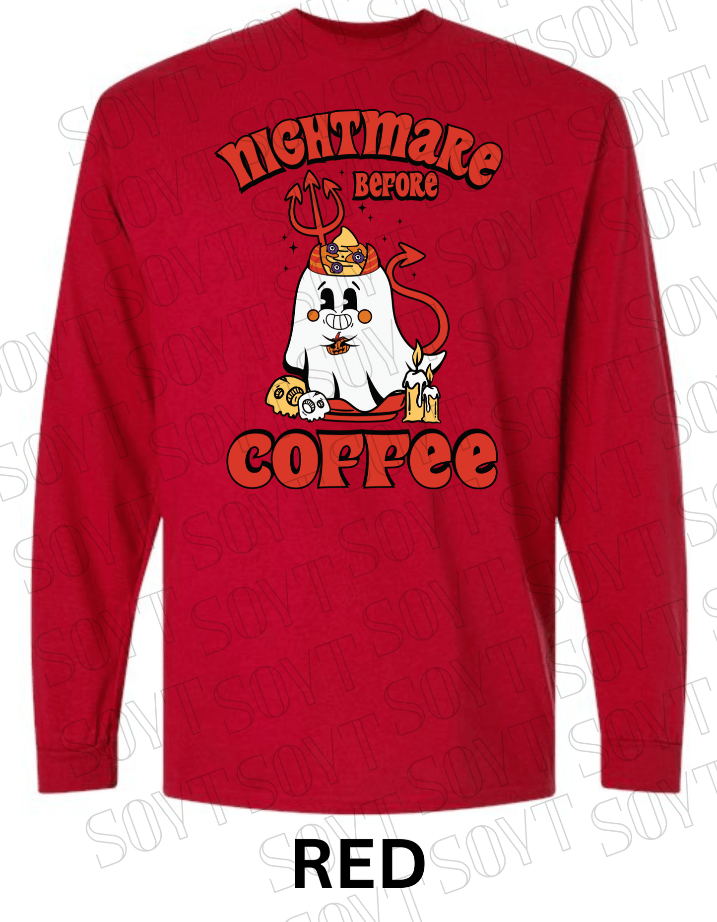 Nightmare Before Coffee Long Sleeve – Halloween Devil Ghost with Skulls, Candles & Bold Coffee Graphic Shirt - Festive Apparel StoreRed