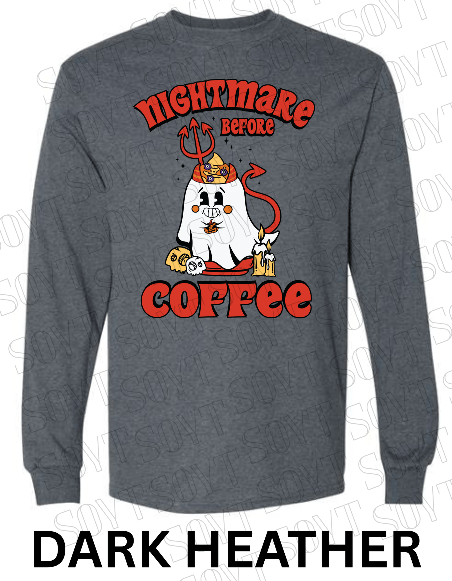 Nightmare Before Coffee Long Sleeve – Halloween Devil Ghost with Skulls, Candles & Bold Coffee Graphic Shirt - Festive Apparel StoreDark Heather