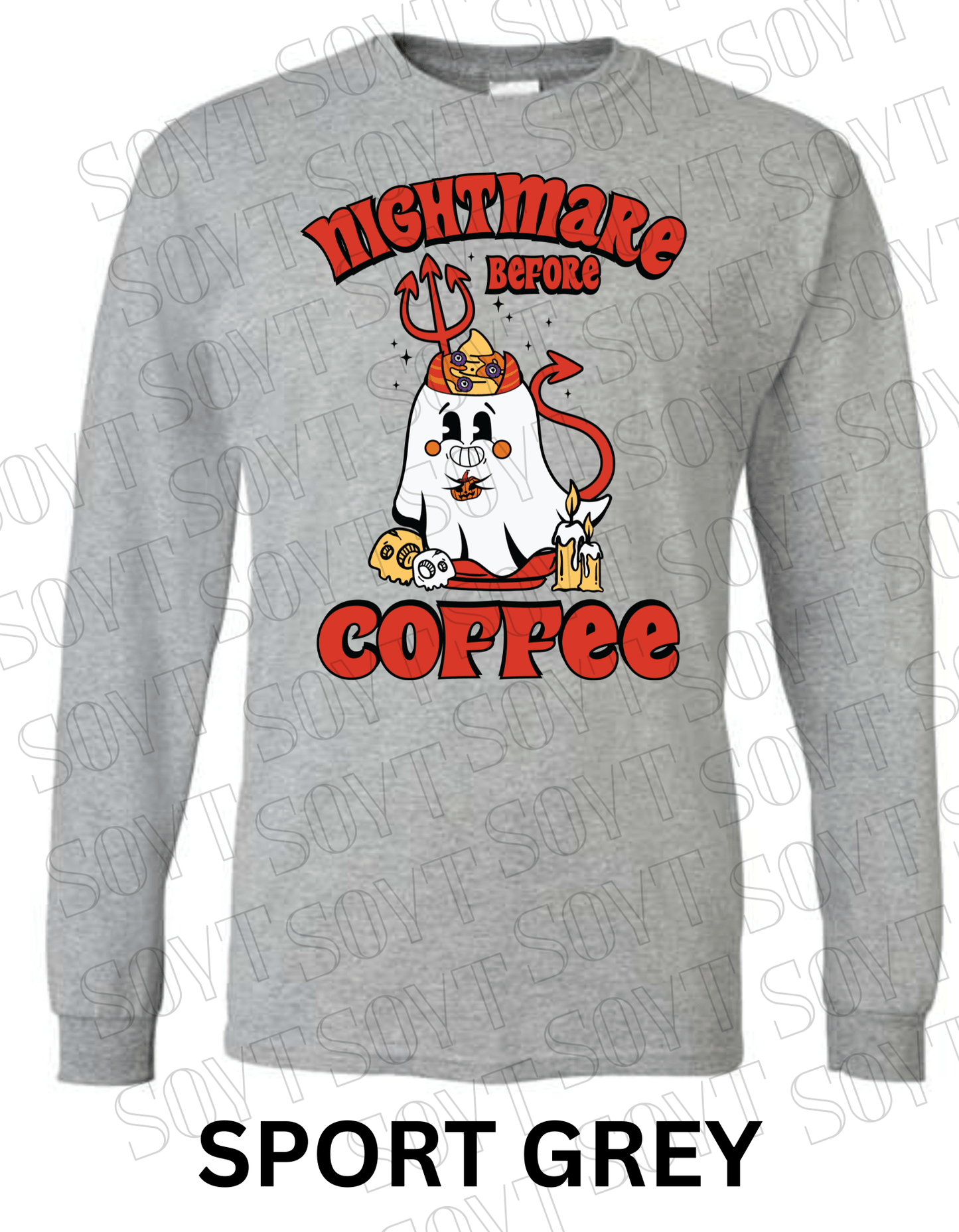 Nightmare Before Coffee Long Sleeve – Halloween Devil Ghost with Skulls, Candles & Bold Coffee Graphic Shirt - Festive Apparel StoreSport Grey