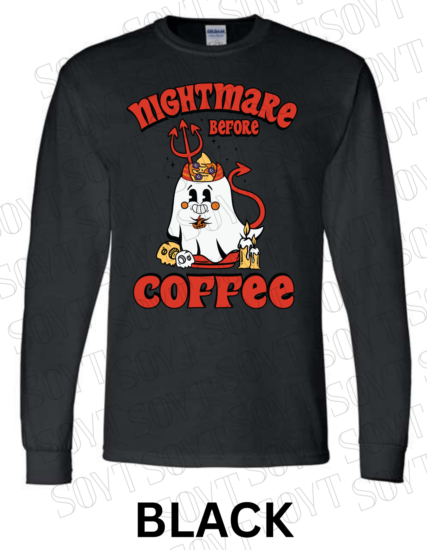Nightmare Before Coffee Long Sleeve – Halloween Devil Ghost with Skulls, Candles & Bold Coffee Graphic Shirt - Festive Apparel StoreBlack