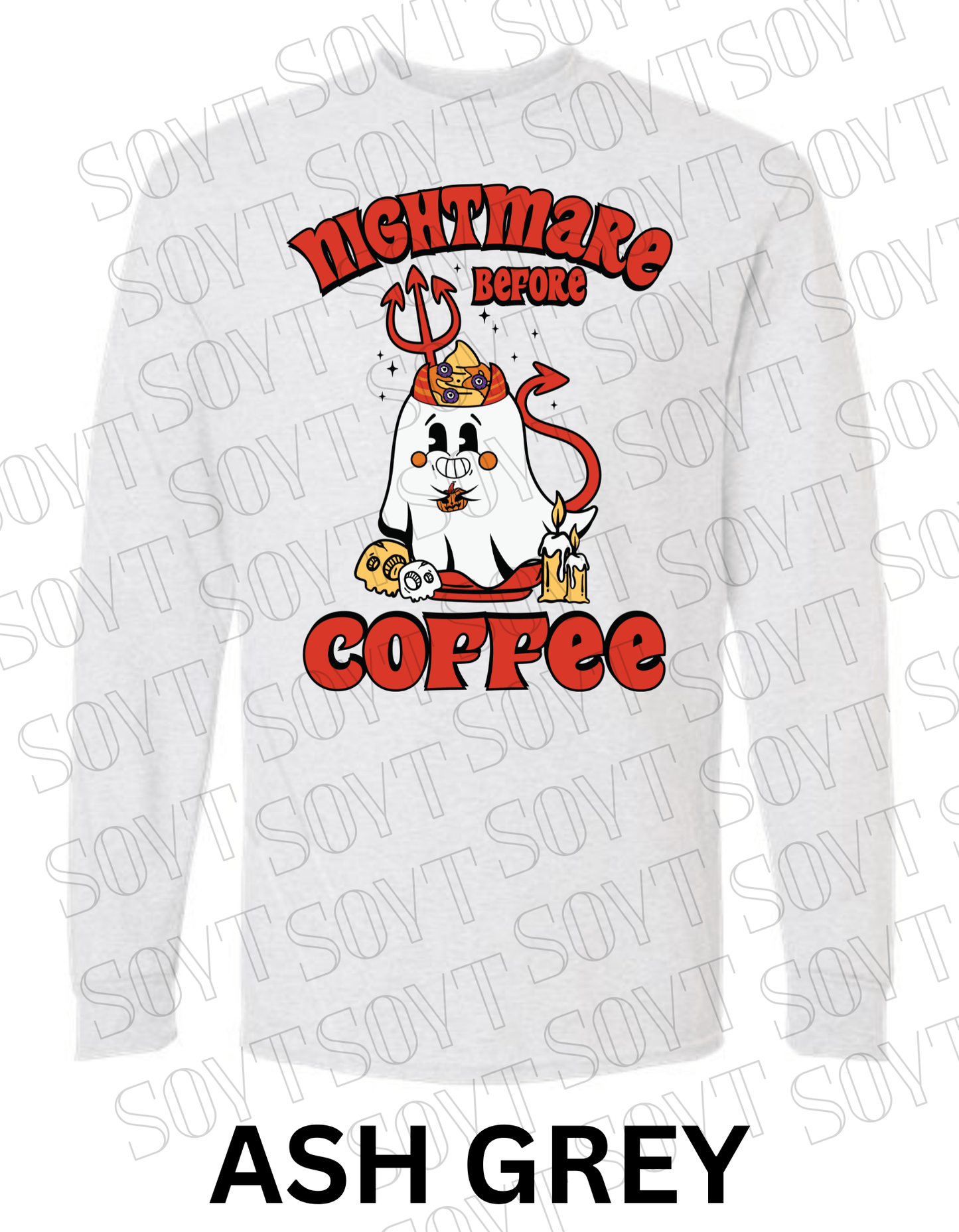 Nightmare Before Coffee Long Sleeve – Halloween Devil Ghost with Skulls, Candles & Bold Coffee Graphic Shirt - Festive Apparel StoreAsh Gray