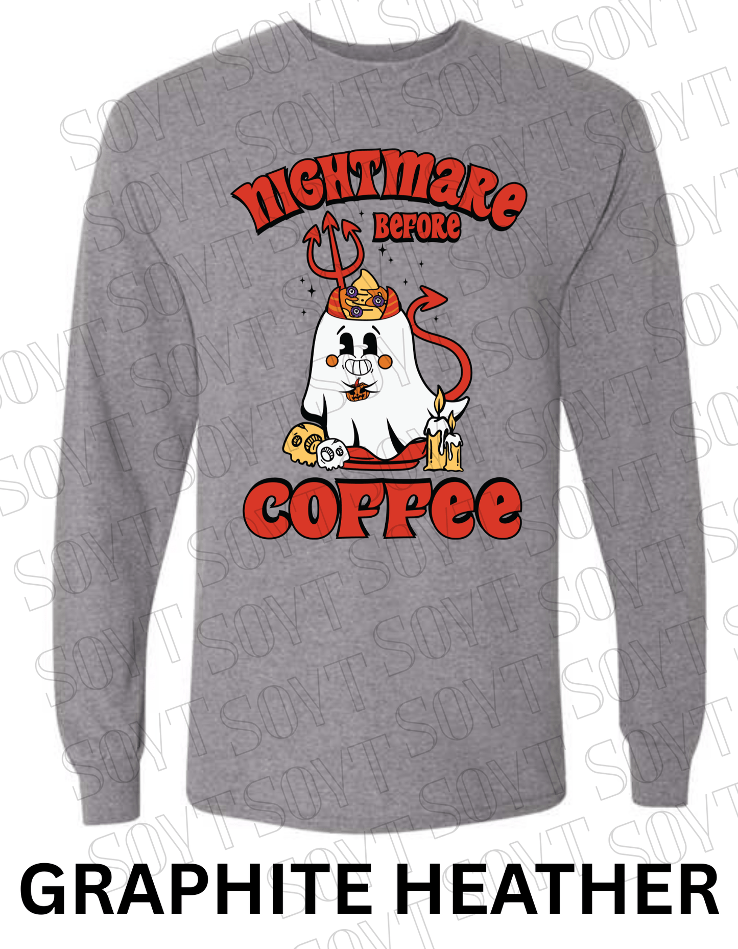 Nightmare Before Coffee Long Sleeve – Halloween Devil Ghost with Skulls, Candles & Bold Coffee Graphic Shirt - Festive Apparel StoreGraphite Heather