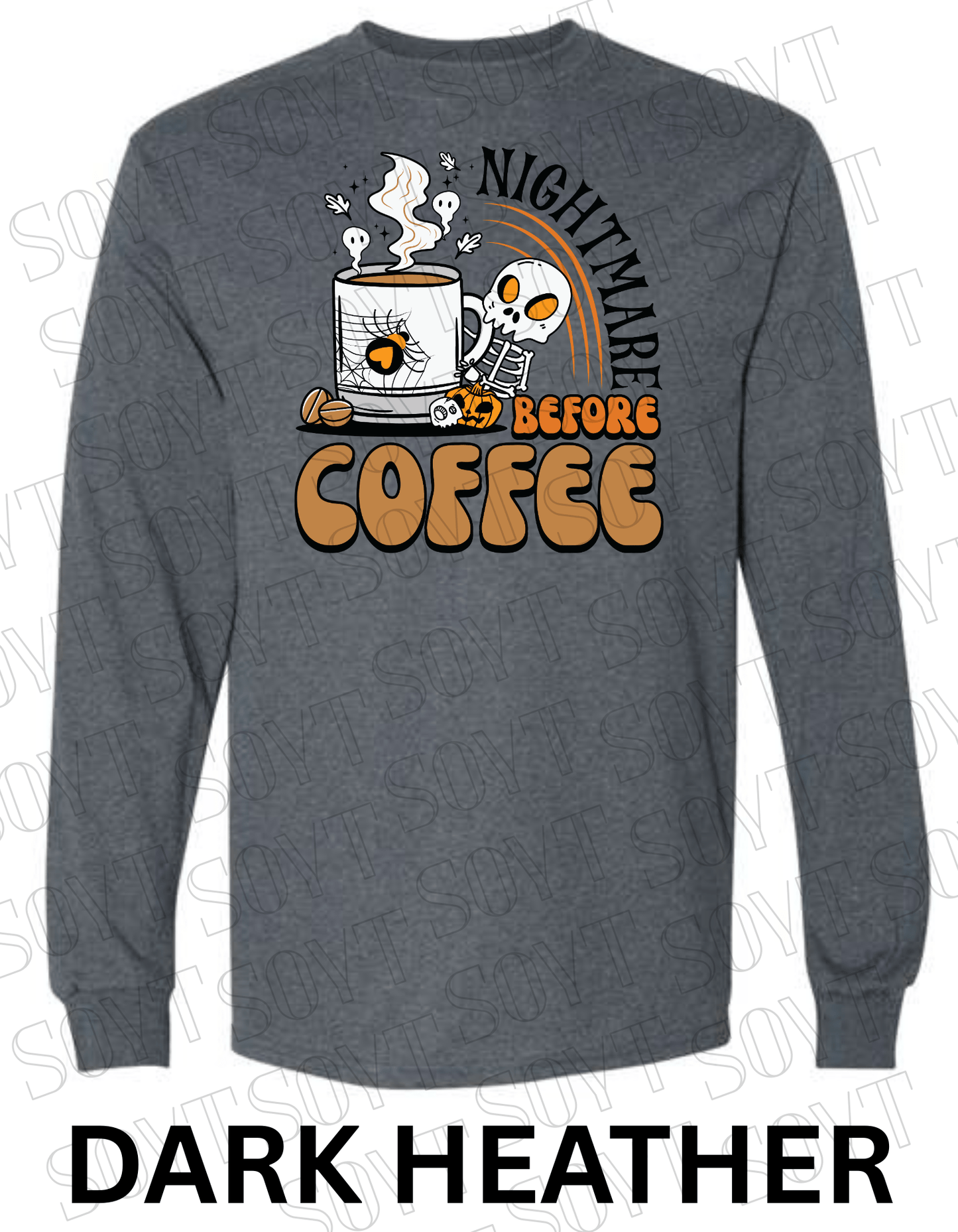 Nightmare Before Coffee Long Sleeve – Skeleton Hugging Mug Halloween Caffeine Shirt with Ghost Steam - Festive Apparel StoreDark Heather